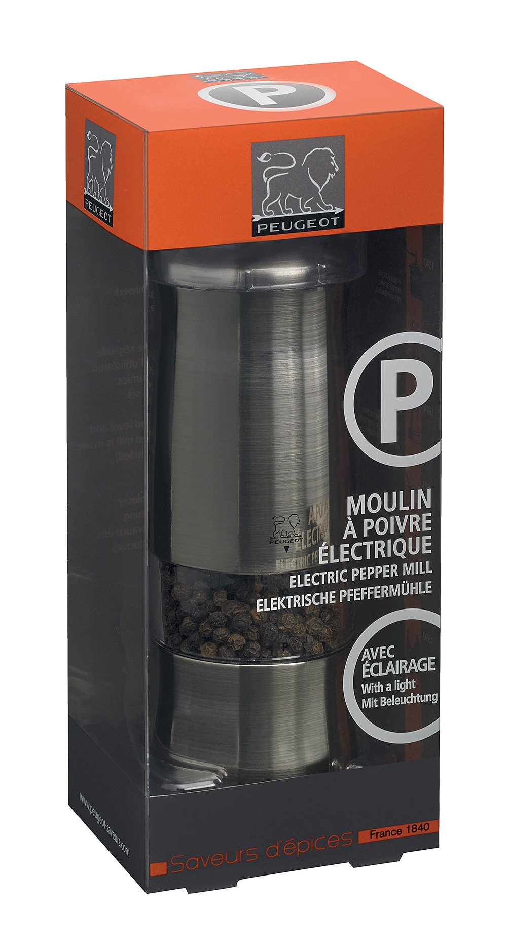 Peugeot 42801P14 Zeli Macinapepe Elettrico, Corpo in ABS, Finitura Acciaio Inox, 14 cm, Macinatura Regolabile, Meccanismo in Acciaio Inox.
