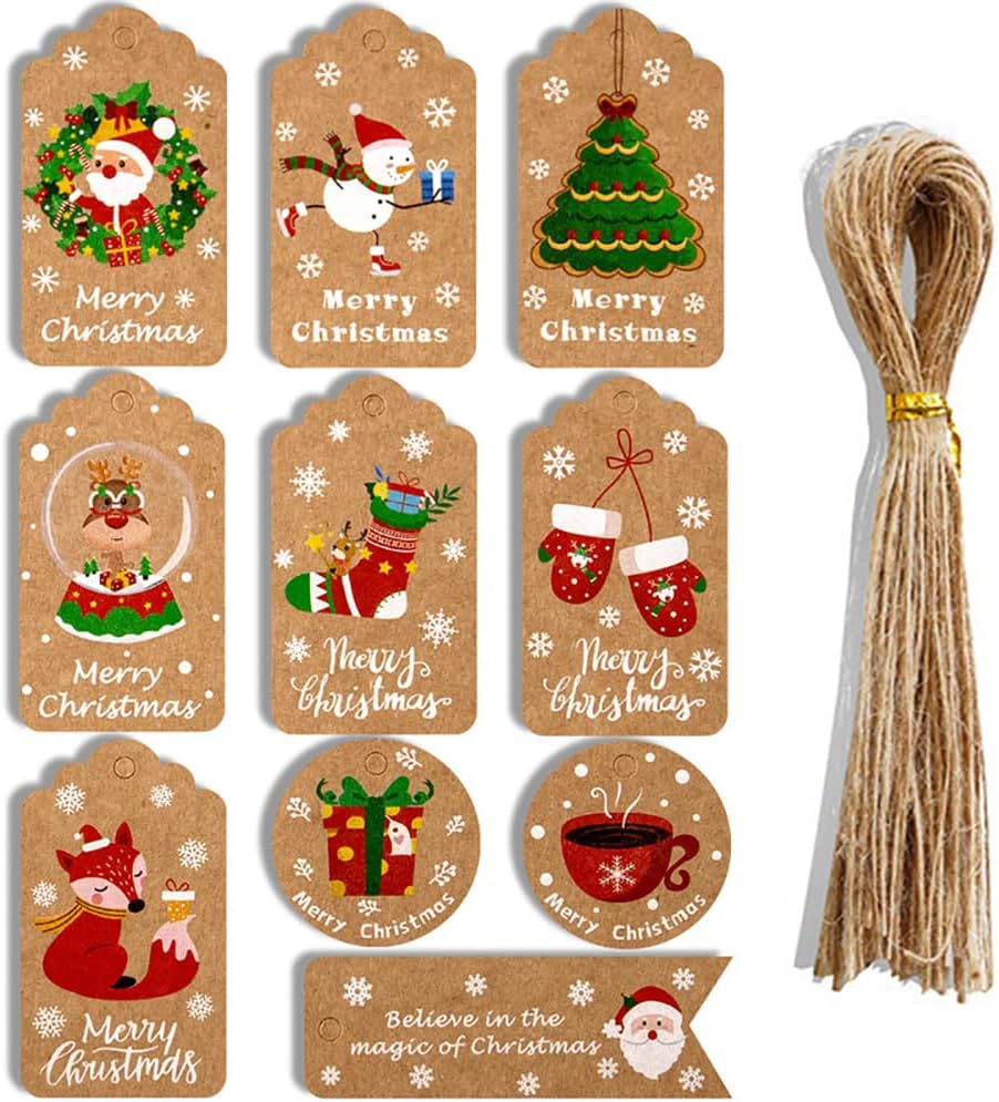 Xmas Gift Tags, 50pcs 10 Design Kraft Paper Christmas Labels with 50pcs Jute String for Gift Christmas Tree Decoration