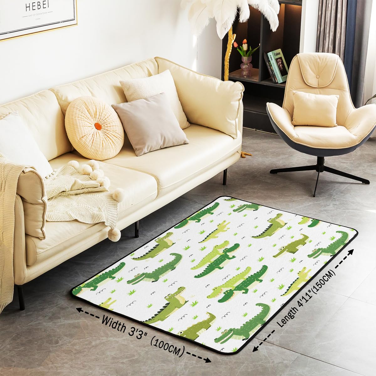 Homewish Krokodil Teppich 100x150 Gras Kinder Jungen Mädchen Jugendliche Teppich Wohnzimmer Hand Gezeichnete Cartoon Crocodile Einfach Carpet Niedliche Grüne Krokodile Grasland Stilvoll Rug