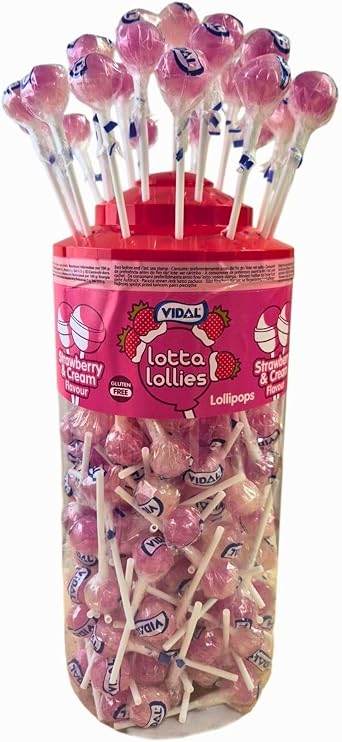 Vidal Strawberry & Cream Lollipops 150 Tub Display Tub Gluten Free Sweets