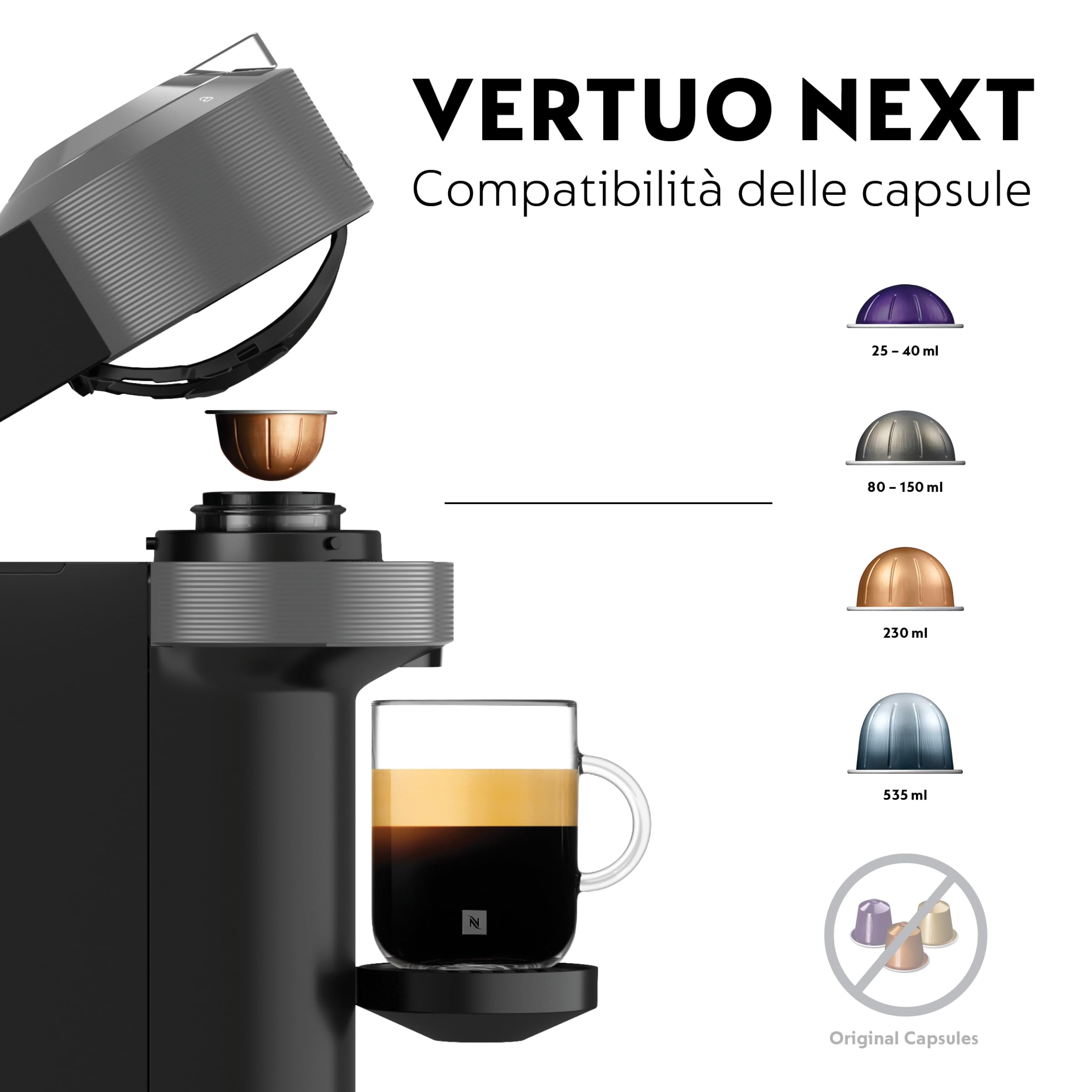 Nespresso Vertuo Next ENV120.GY Macchina del Caffè compatibile con le NUOVE CAPSULE NESPRESSO con Tecnologia Centrifusion, Serbatoio acqua 1L, Grigio