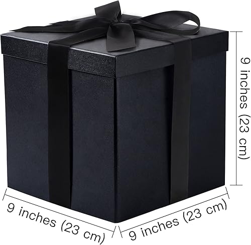 Miniatura 3 de RUSPEPA Caja de regalo de cumpleaños mediana con tapas, cinta y papel de seda, caja de regalo plegable, 1 unidad, 9 x 9 x 9 pulgadas, color negro