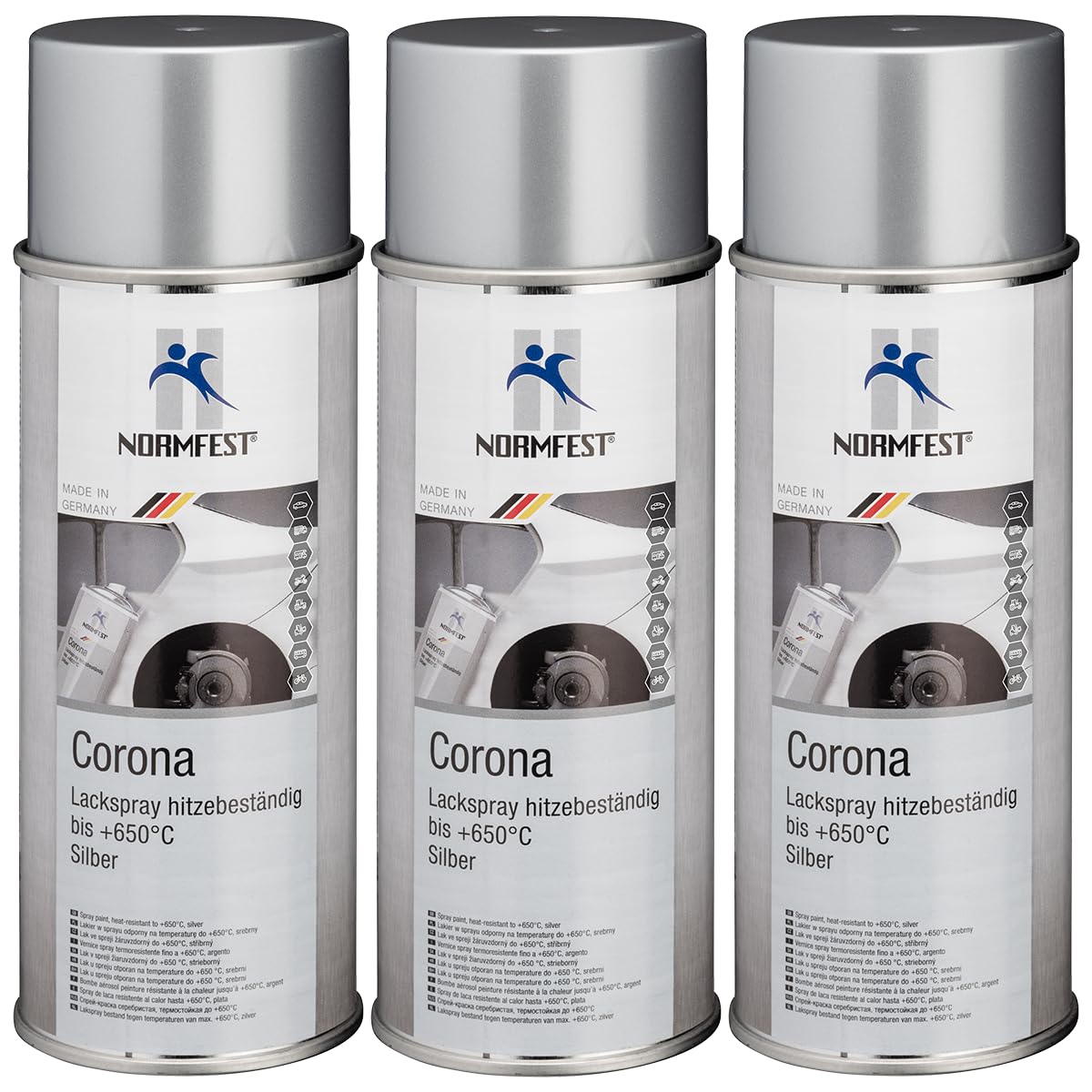 Normfest Lackspray Corona Silber – Hitzebeständiger Speziallack bis +650 °C für Auspuff, Motor, Krümmer und Metalloberflächen, 3x 400ml