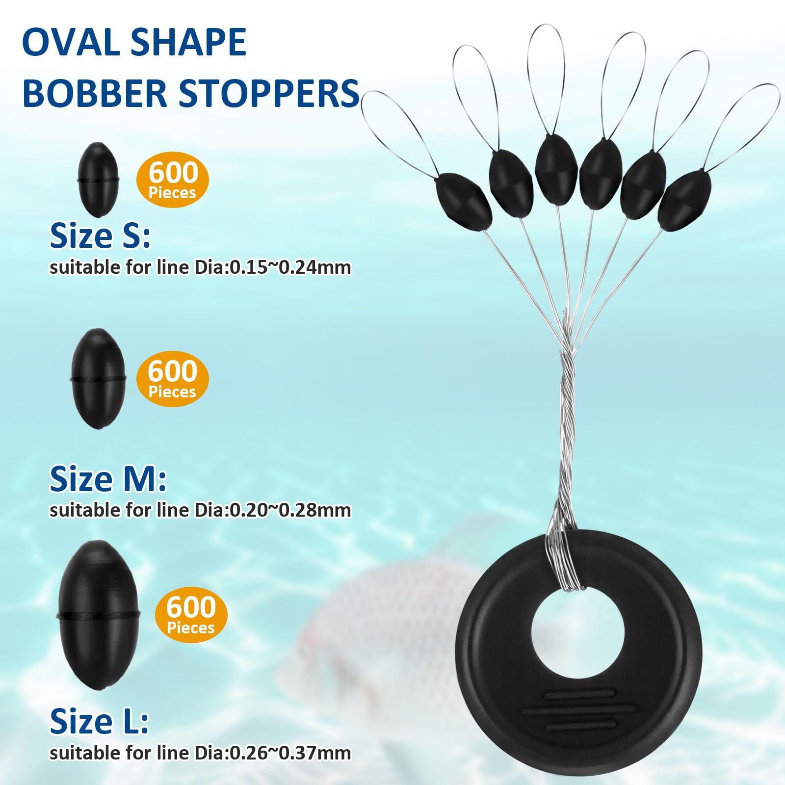 Arrowbash 3600 Pcs Fishing Bobber Stoppers 6 in 1 Black Rubber Float Sinker Stops, Oval and Column Beads Bobber Stops, l M S Size Float Stop