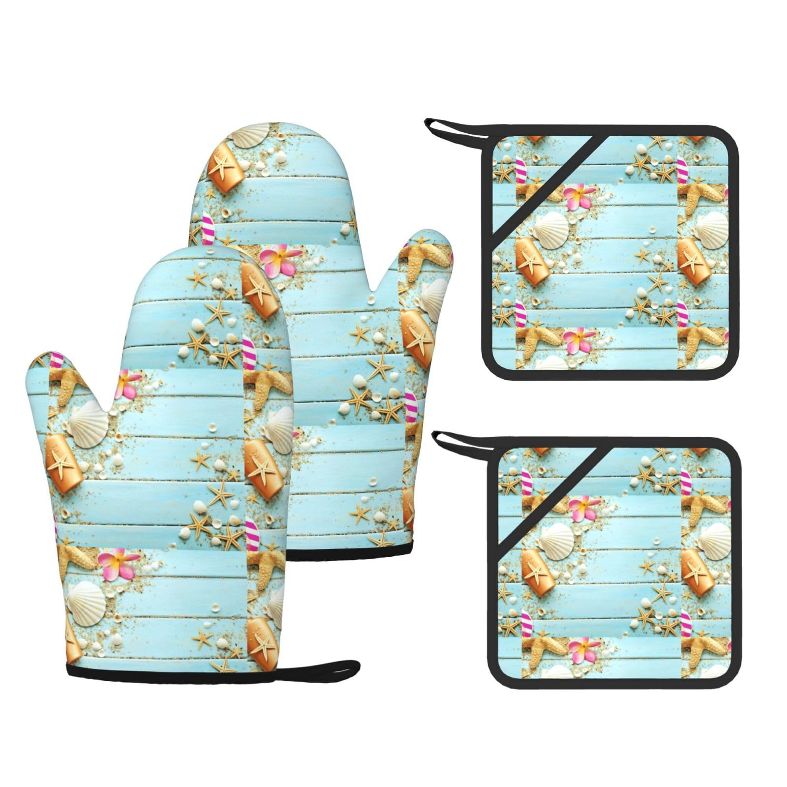 Beach Theme Seashells Printed Oven Mitts and Pot Holders Set of 4, Heat Resistant Silicone Gloves for Baking Grilling