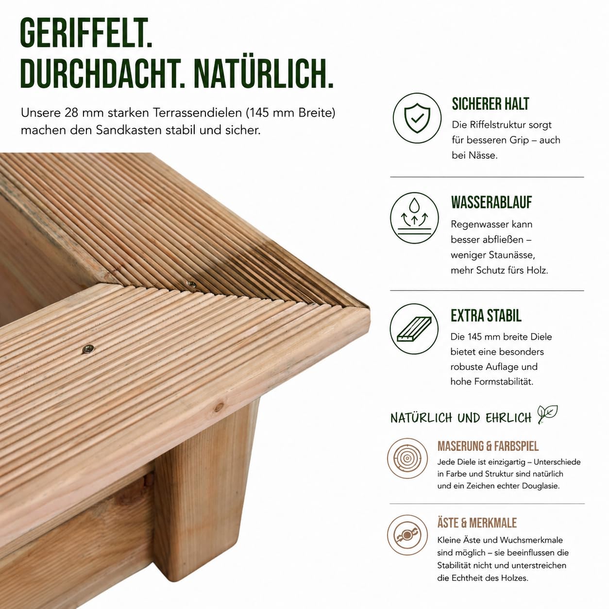 Sandkasten Holz 150x150 cm – Massive Douglasie aus dem Sauerland – naturbelassen ohne Chemie – 28 mm Starke Dielen – großer Sandkasten für Kinder – langlebig für Garten & Outdoor