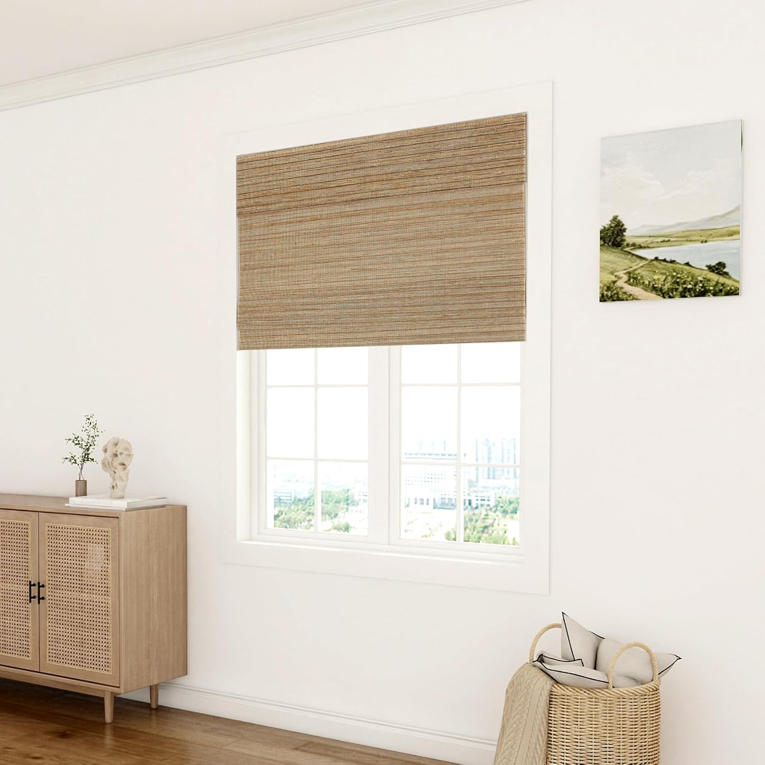 LUSTROWIN No Drill Custom Roman Shades - Flax Fabric Cordless Window Shades with Valance, Light Filtering or Blackout for Bedroom & Living Room, Choose Size & Color (Light Brown)
