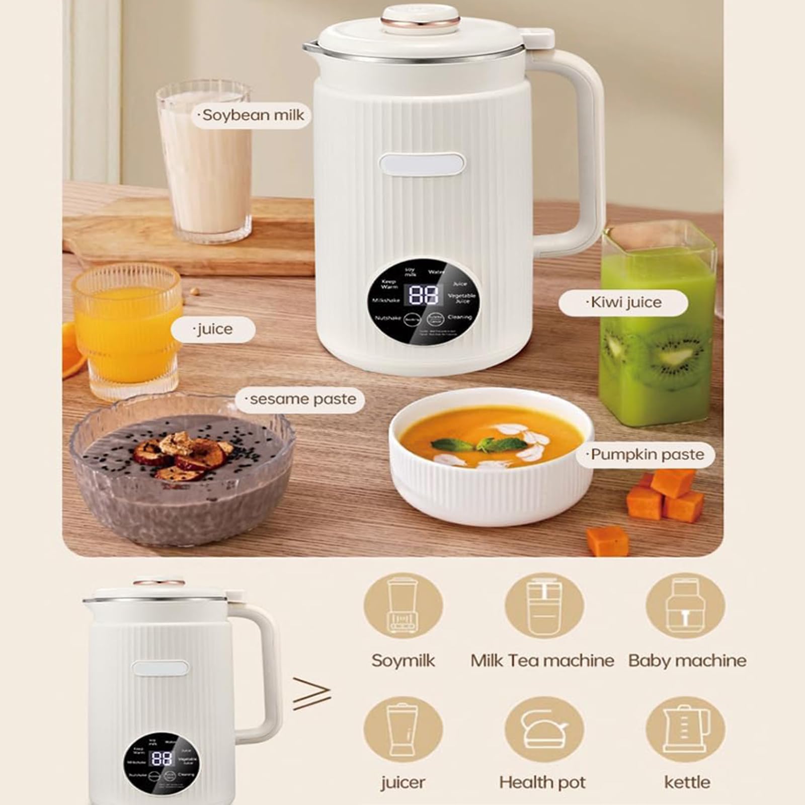 Macchina per Latte di Soia 1,5L, Macchina Automatica 9 in 1 per Latte di Noci e Avena con Smart Touch LED Display, 10 Lame, Timer 12h, Autopulente & Mantieni Caldo, Latte Vegetale per Uso Domes white