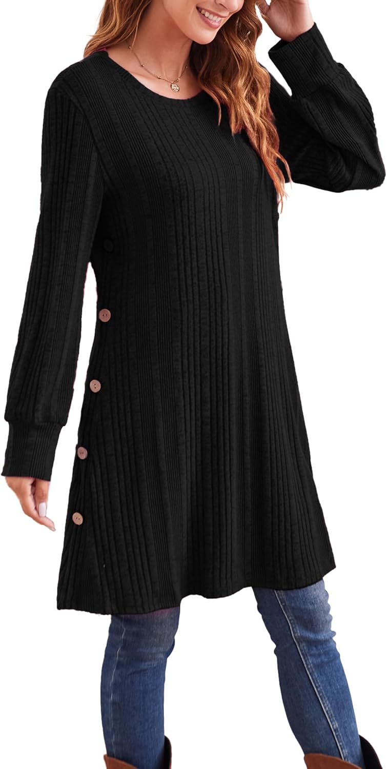 Kikibell Women's Knit Dress Long Sleeve Casual Crew Neck Tunic Dresses with Pockets Button Side Fall Winter Trendy Outfits - Image 7