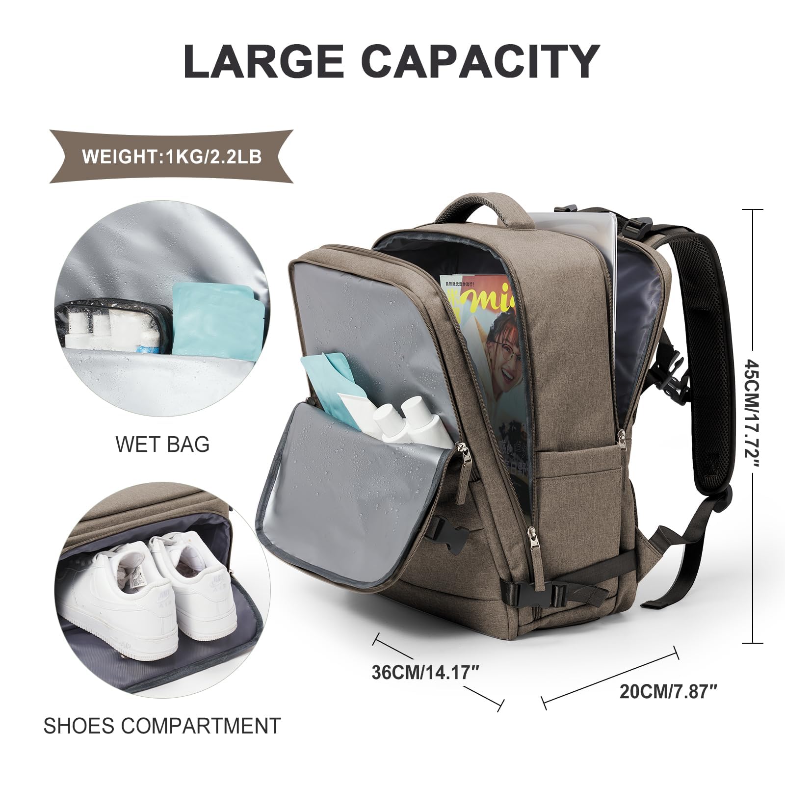 SZLX Zaino Ryanair 40x20x25 Donna Zaino da Viaggio Sottovuoto con pompa Bagaglio a Mano Sottovuoto Viaggio Uomo Borse da Cabina 45x36x20 Easyjet con scomparto per scarpe per Laptop da 14 Pollici