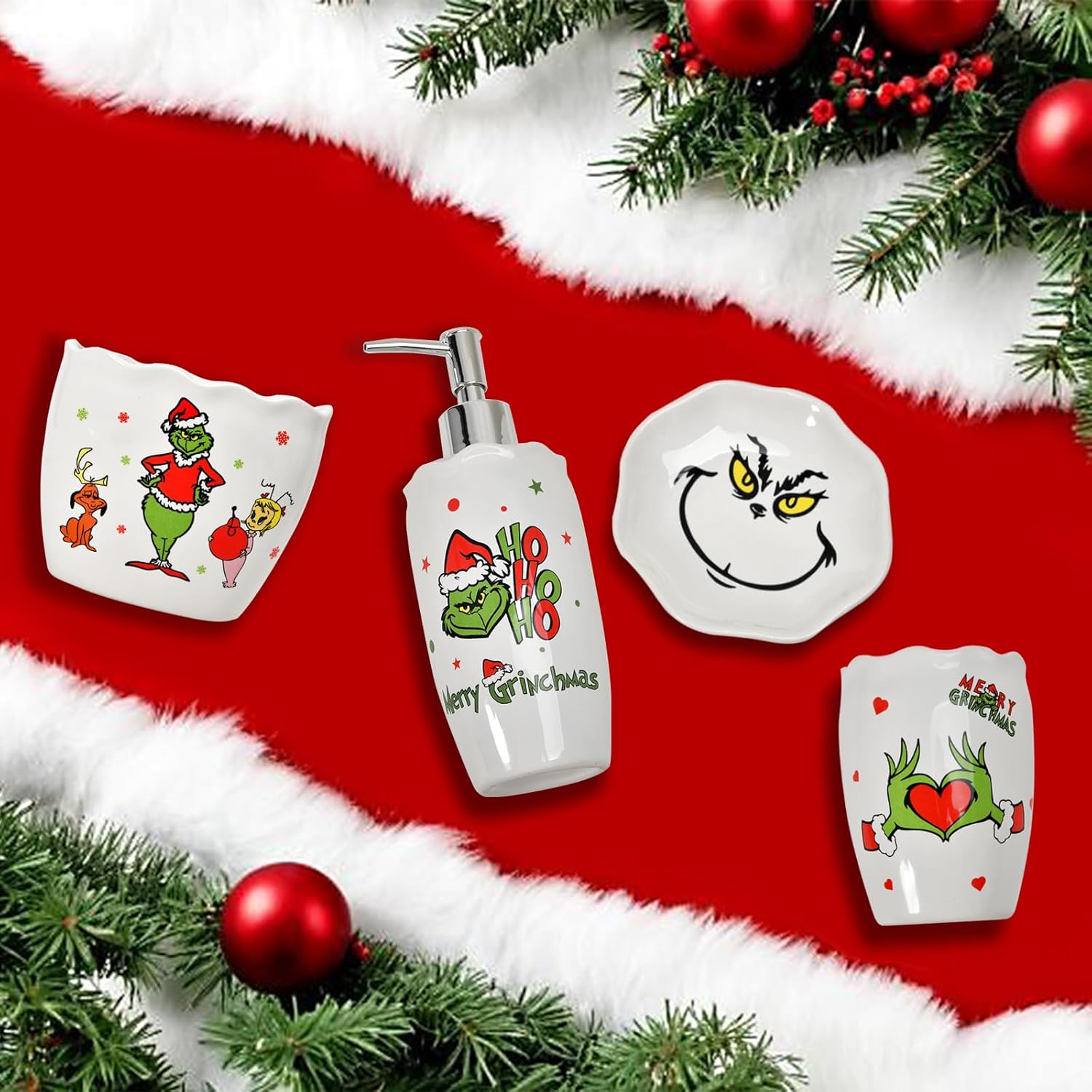 Christmas Bathroom Accessories Set of 4, Premium Ceramic Holiday Bathroom Set with Soap Dispenser, Toothbrush Holder, Soap Dish & Rinse Cup - Festive Christmas Decor & Gift Idea