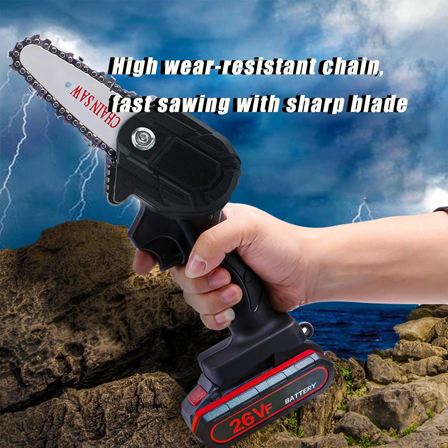 Mini Chainsaw, 4 Inch Electric Cordless Chain Saws 26V Battery One Hand Handheld Protable Chainsaw Powered Tools for Garden Branch Wood Cutting (Charger + 2 Battery+2 Chain)