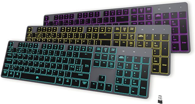 B.FRIENDIT Wireless Backlit Keyboard, Rechargeable USB Silent Slim Keyboard, 2.4G Cordless Full Size UK Layout, Compatible with Apple iMac, Macbook and PC, Computer Laptop, Space Gray