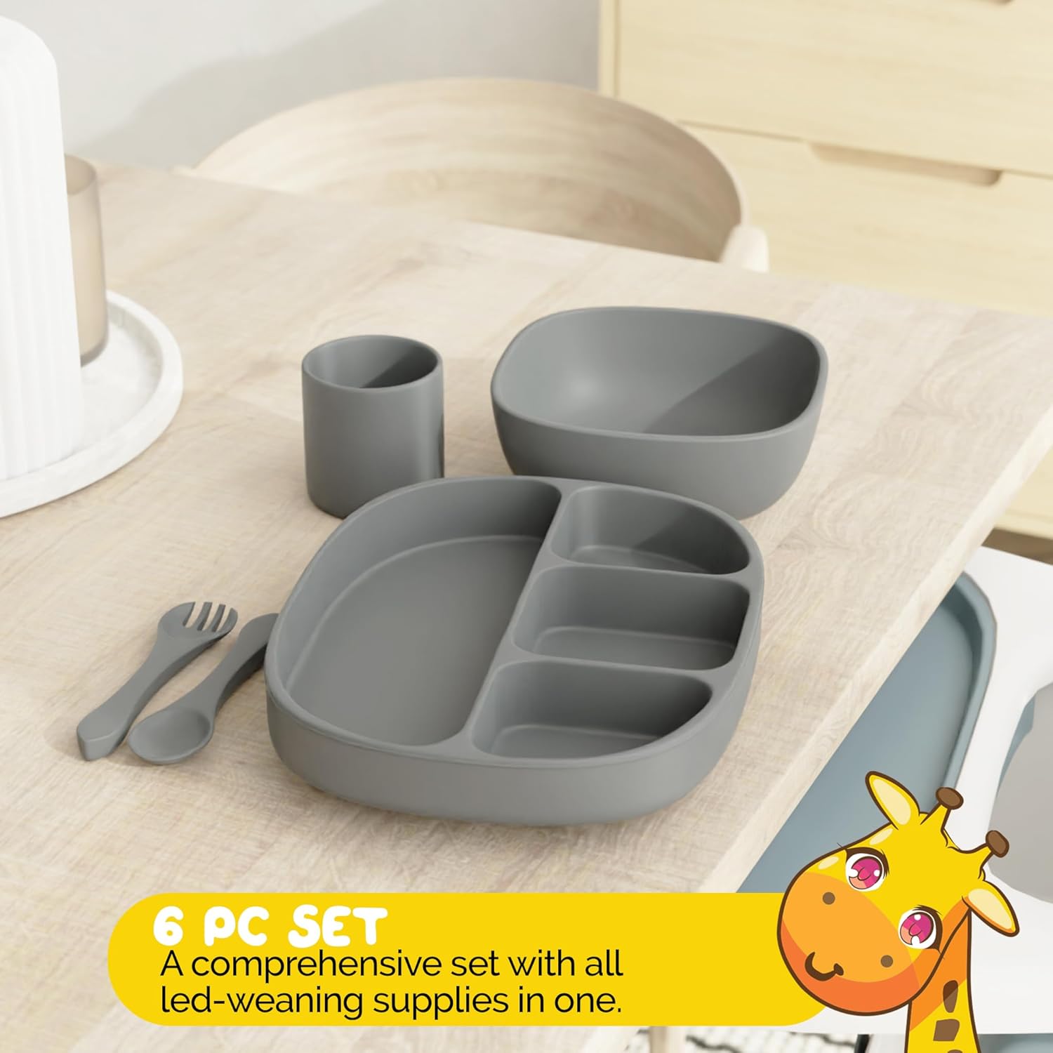 Baby Feeding Set, 6 Piece - Pebble Gray - Includes Suction Bowl, Plate, Silicone Bib, Spoon, Fork for Toddlers & Kids Dinnerware