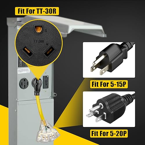 Miniatura 3 de LAZMUMI Cable adaptador de distribución RV de 30 amperios a 110V, NEMA TT-30P macho a 3X 5-15R5-20R T-Blade enchufe doméstico hembra con indicador