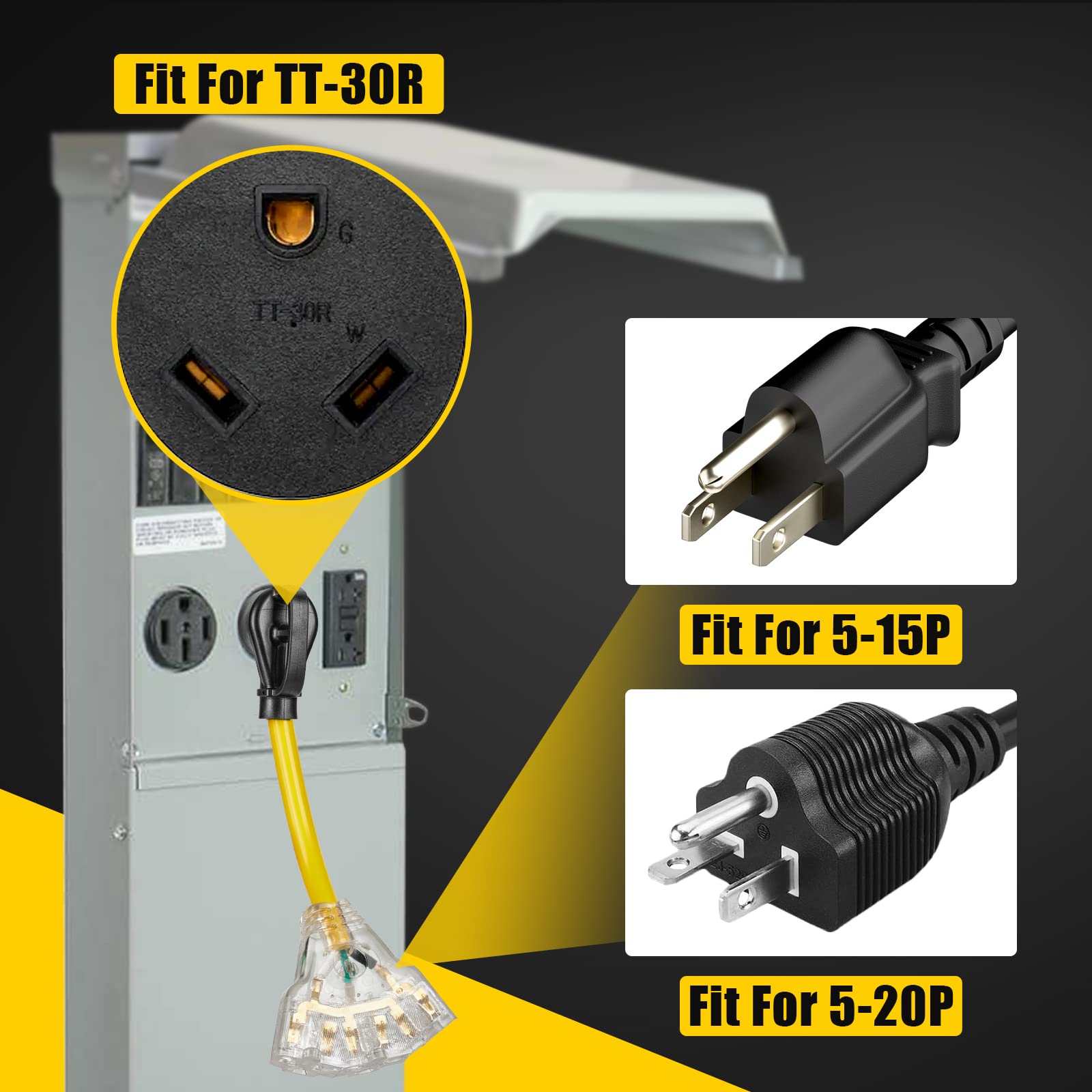 30 Amp to 110V RV Distribution Adapter Cord, NEMA TT-30P Male to 3X 5-15R/5-20R T-Blade Household Outlet Female with LED Power Indicator