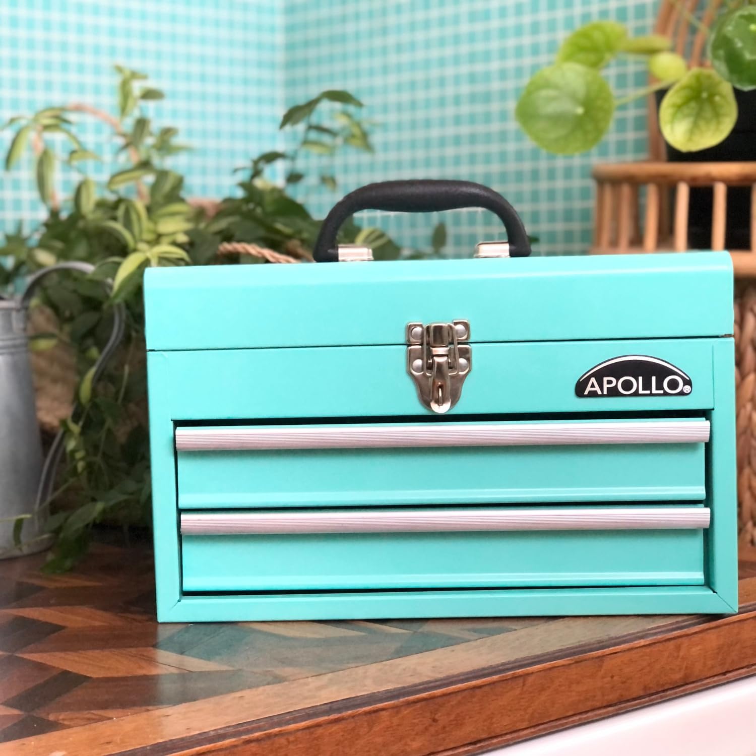 Apollo Tools 14 Inch Steel Tool Box with Deep Top Compartment and 2 Drawers in Heavy-Duty Steel With Ball Bearing Opening and Powder Coated Finish - Aqua Green - DT5010-GR