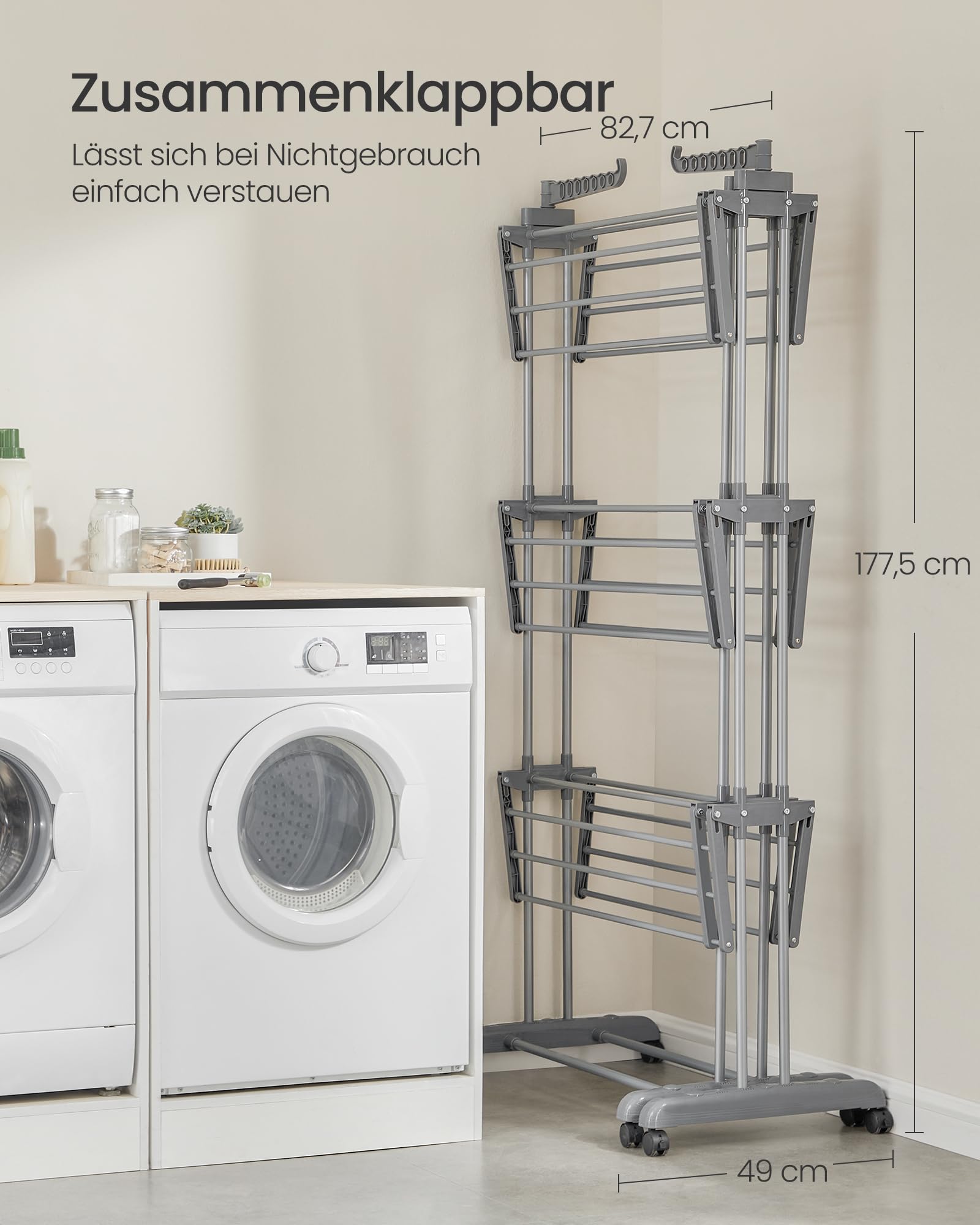 SONGMICS Wäscheständer, Standtrockner 4 Ebenen, ausziehbar, Flügelwäscheständer, klappbare Flügel, mit Rollen, 63,5 x (131-200) x 177,5 cm, groß, einfacher Aufbau, Taubengrau LLR704G01