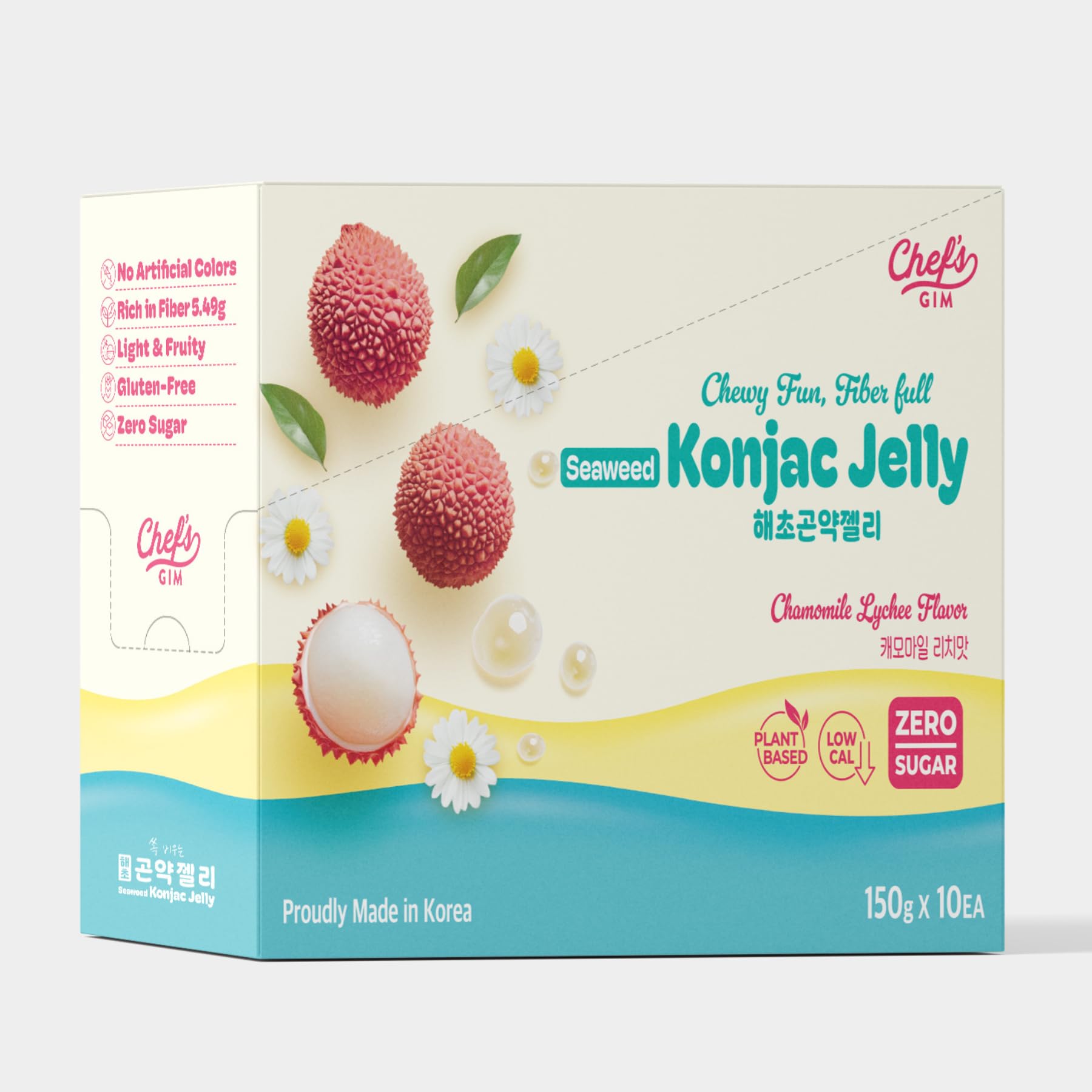 Chef’s Gim Konjak-Getränkegelee | 10er Set à 150g | Vegan, Kalorienarm, zuckerfrei & ballaststoffreich | 3 Sorten: Pfirsich-Schwarztee, Kamille-Litschi, Lavendel-Apfel-Mango (Kamille-Litschi)