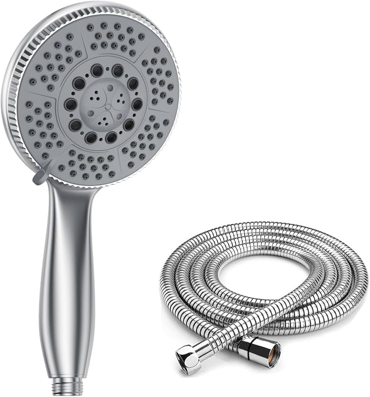 Vinabo Pommeau de Douche avec 1,5m Tuyau - Douchette Tête Réglable à Haute Pression - ABS Chromé - Poignée Ergonomique et Buse en Silicone Auto-nettoyante - Pommeau Douche Grande