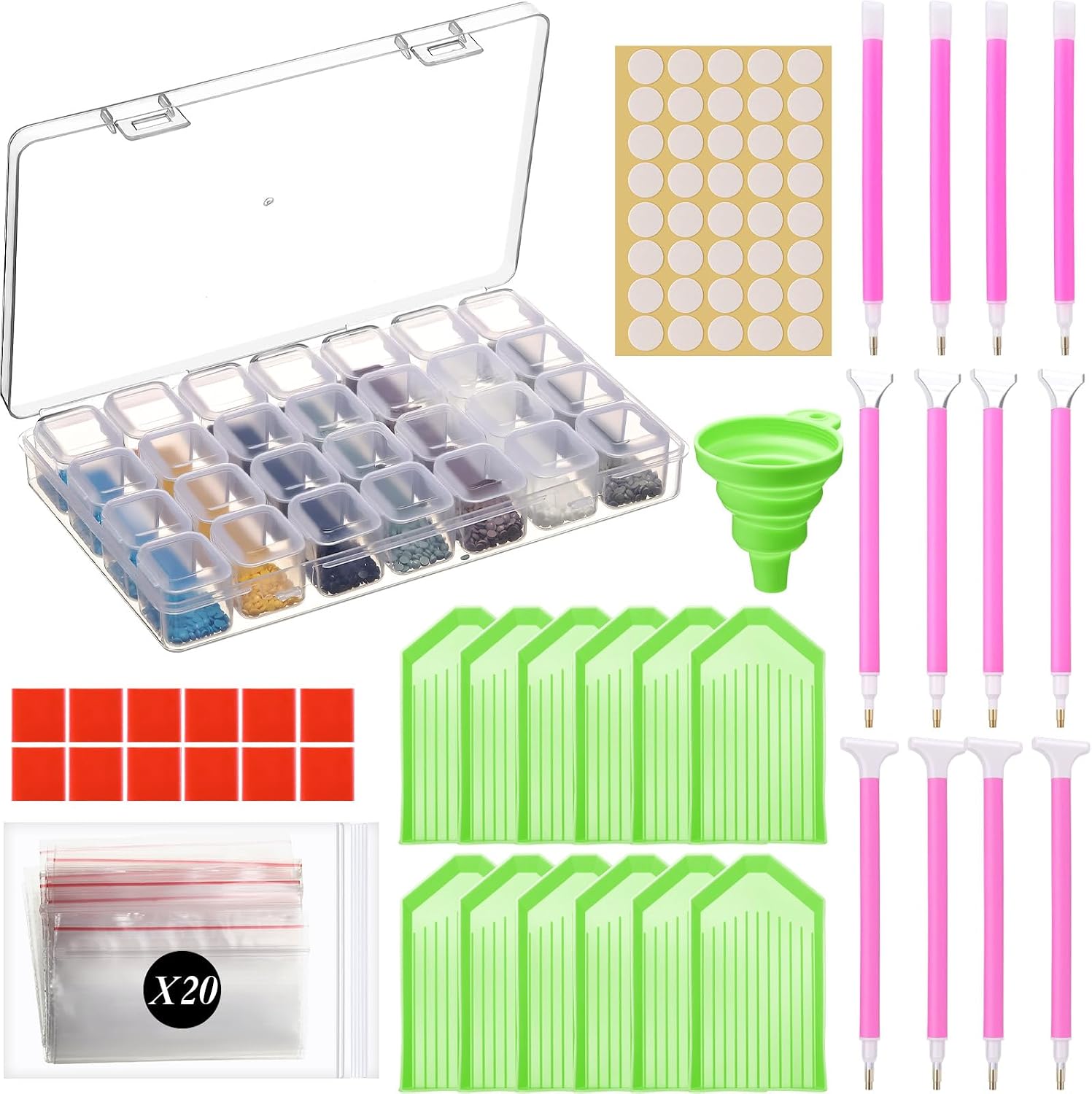 AceOrbit 59 PCS Diamond Art Painting Tools and Accessories Kits with Art Painting Trays, 28 Girds Storage Box, Multi-Size Pens, Wax, Funnel, Complete DIY Craft Tools for Adults Beginners