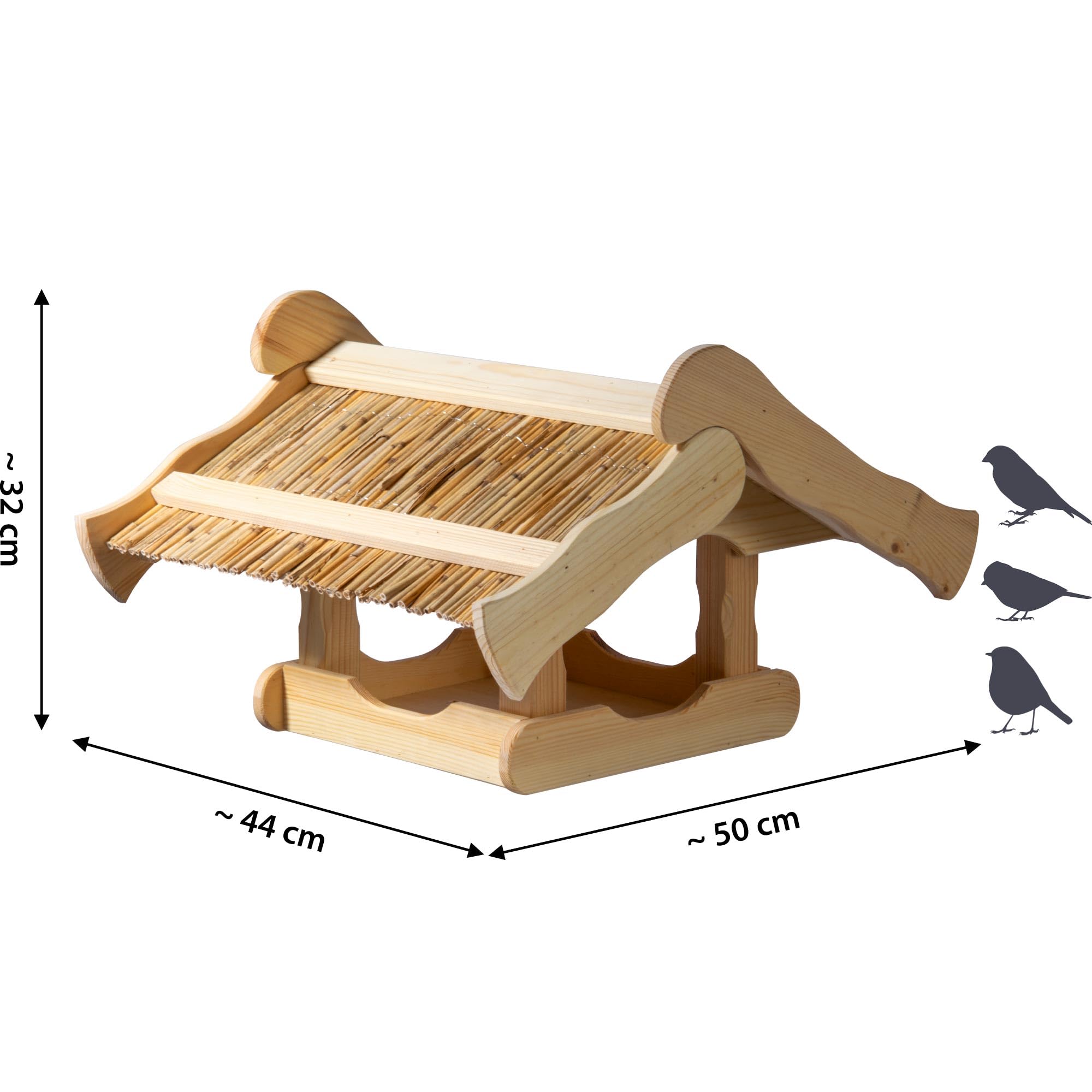 dobar Großes Vogelfutterhaus "Kunoy" mit Schilfdach für Ständer | Futterstation für Wildvögel | Wildvogelfutterplatz | 50 x 44 x 32 cm