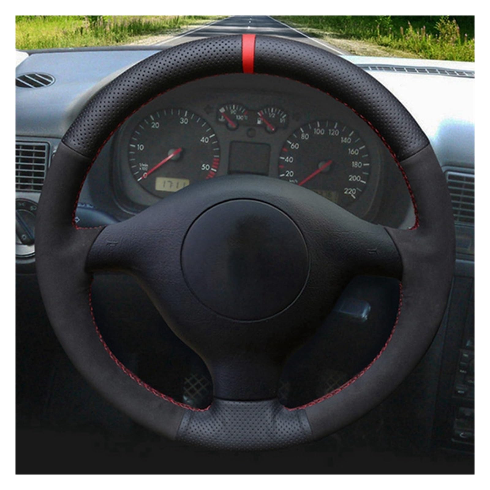 PU Funda Volante para VW para Bora Seat Leon MK1 1998-2005 para Skoda para Fabia 1 2004 2005 Protector para Volante Coche Gamuza Cuero Genuino Negro Interiores Volante Coche (Color : Style 2)