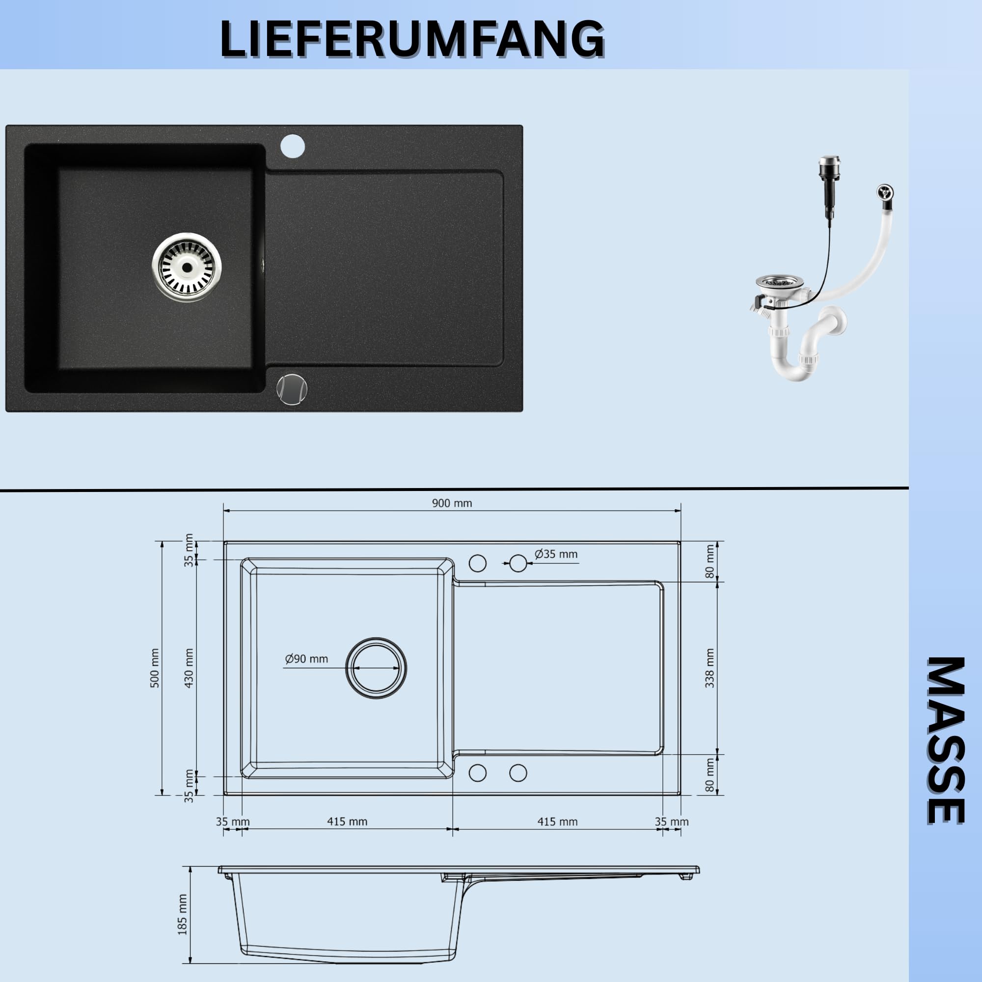 Faizee Home | Element Granitspüle 90 x 50 cm Schwarz – Einbauspüle aus Granit mit Abtropffläche | Reversibel montierbar | Ohne Armatur | Inkl. Siphon-Set
