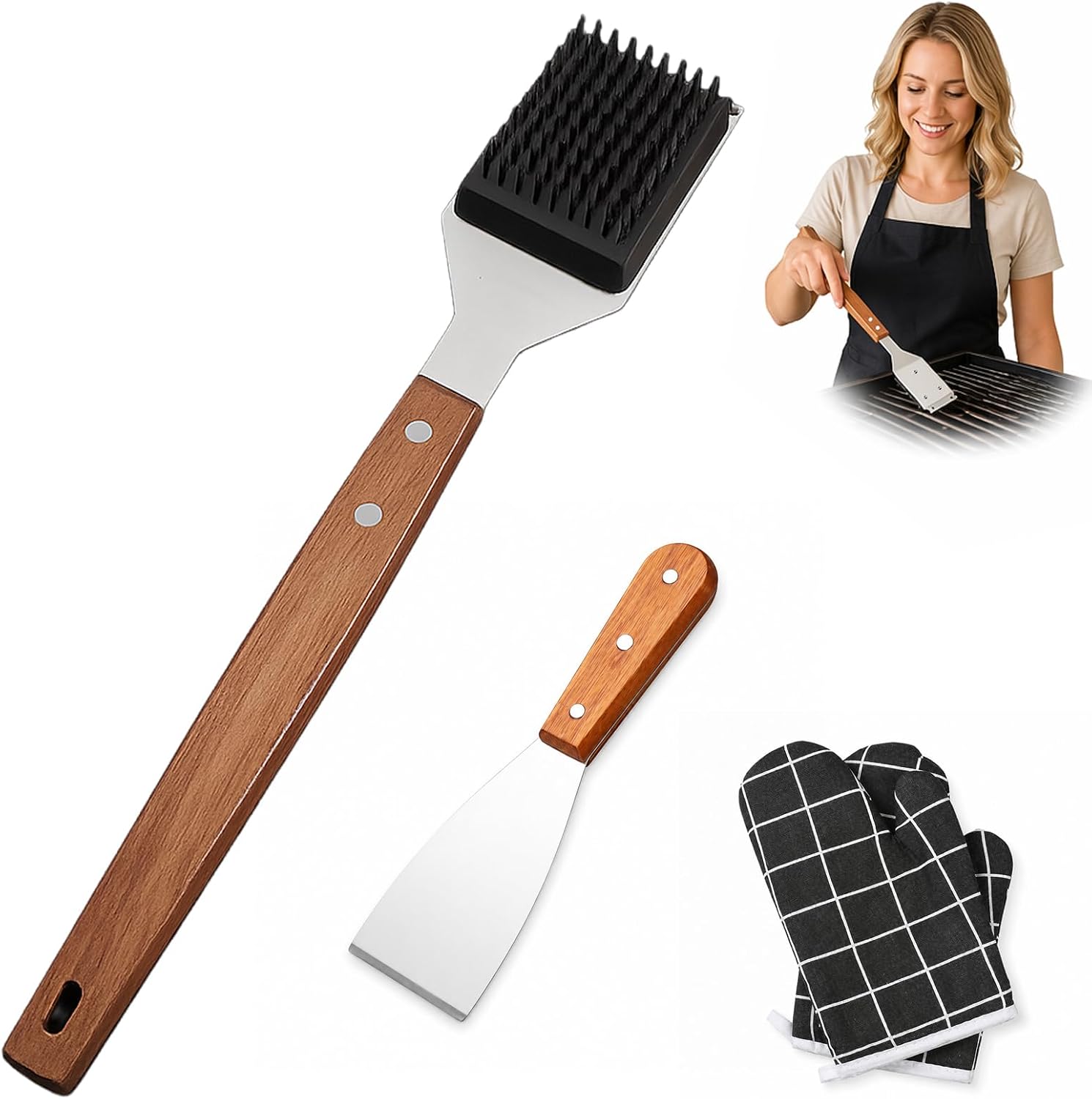 Grill Accessories Kit - Grill Brush - BBQ Gloves - Wide Spatula