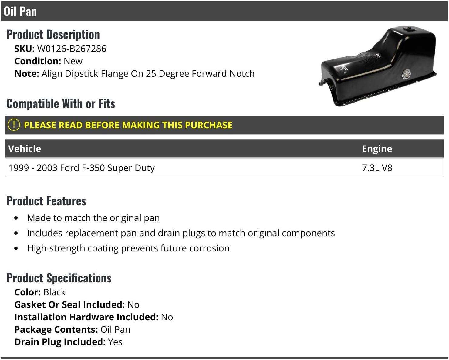 Marketplace Auto Parts, Oil Pan - Compatible with 1999-2003 Ford F350 Super Duty 7.3L V8 Diesel