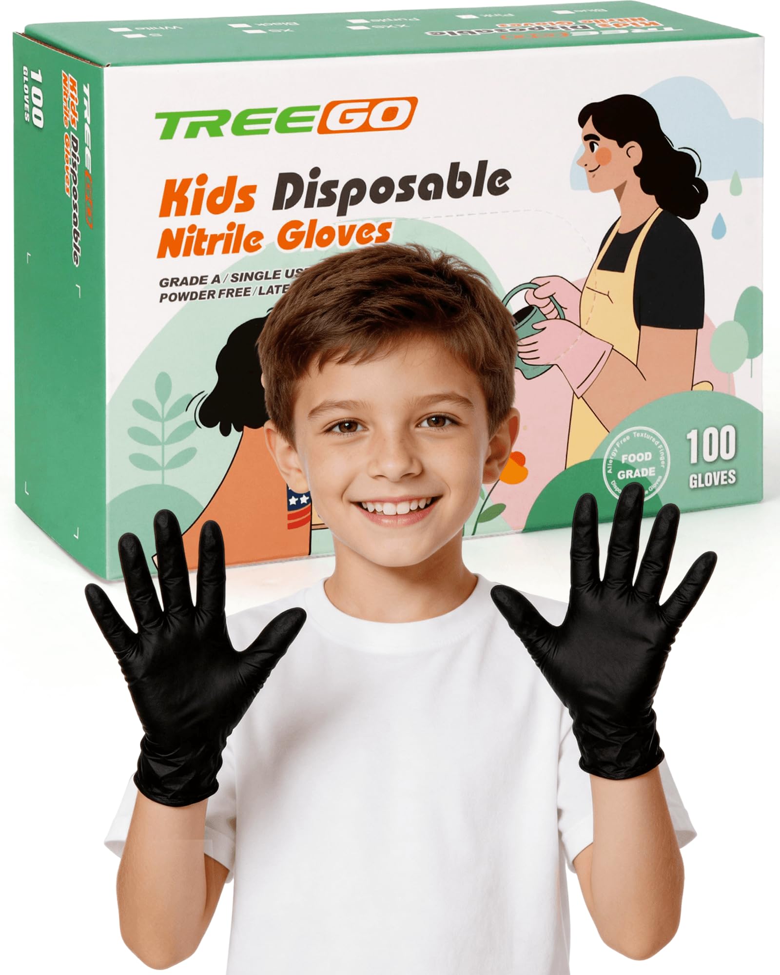TREEGO Black Kids Nitrile Gloves, Latex Free, 5 Mil, XS, 100 Count