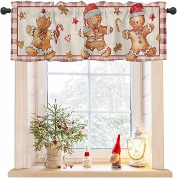 Christmas Valances for Windows/Bedroom/Living Room/Kitchen/Cafe, Gingerbread Man Vintage Red White Plaid Xmas Semi Sheer Small Curtain Valance Rod Pocket Light Filtering Window Treatment, 54" x 18"