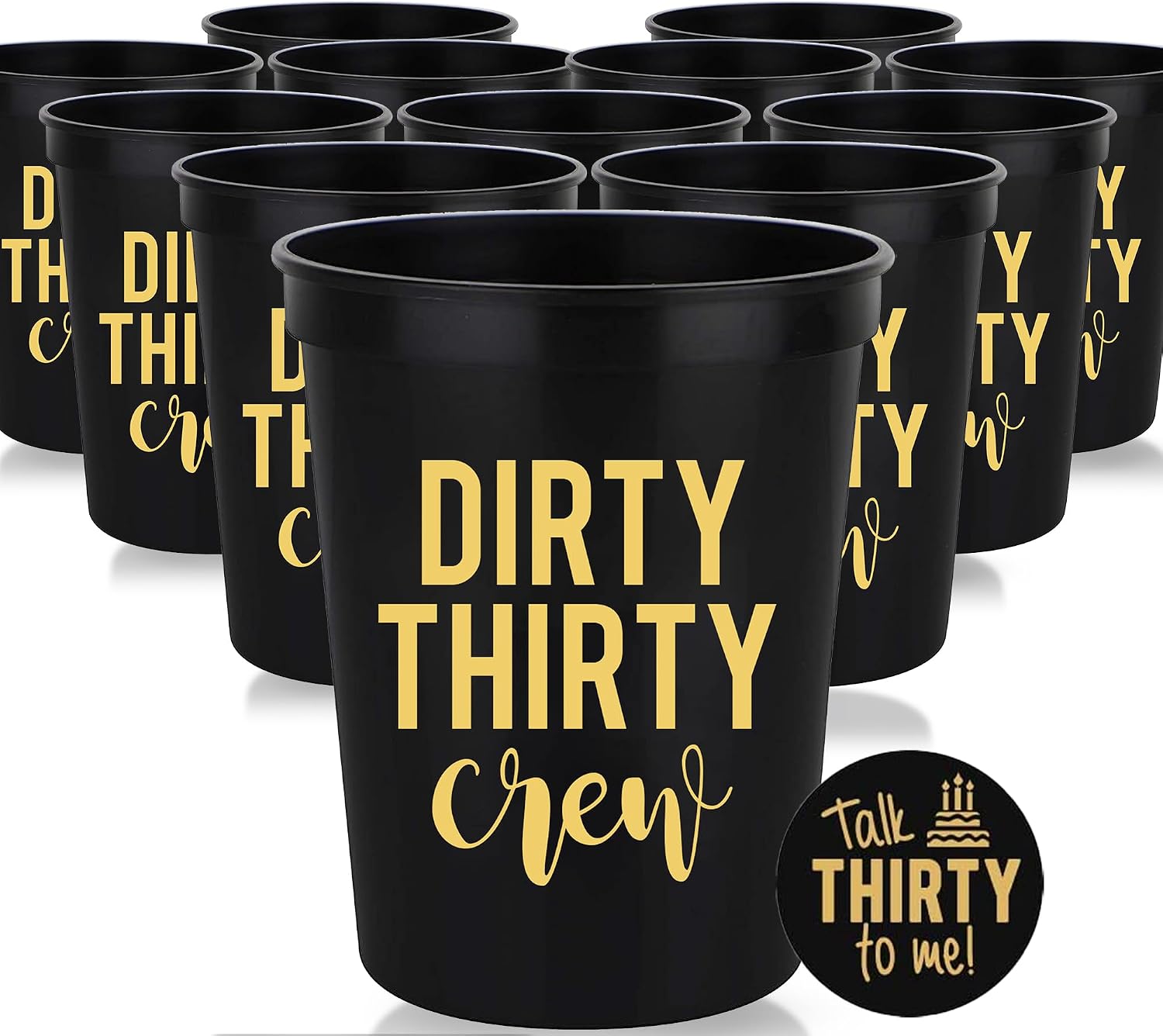 Dirty Thirty Crew 30th Birthday Party Cups and 1"Talk Thirty to Me" Button, Set of 12, 16oz Black and Gold 30th Birthday Stadium Cups, Perfect for Birthday Parties,Birthday Decorations (Regular)
