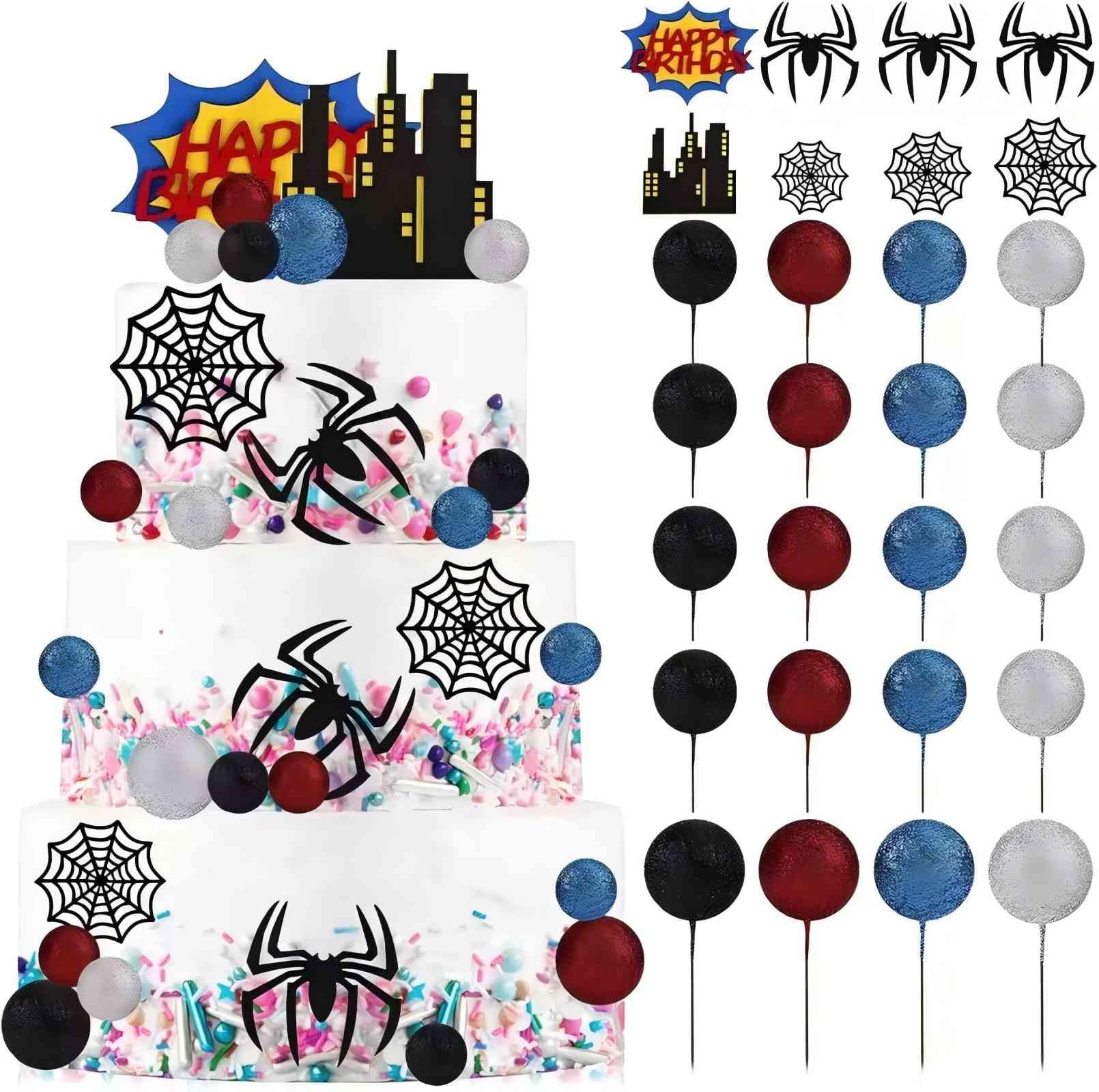 28pcs Spider Red Blue Black Balls and Happy Birthday Cake Topper for Spider Theme Boys Men Birthday Party Baby Shower Supplies Decoration