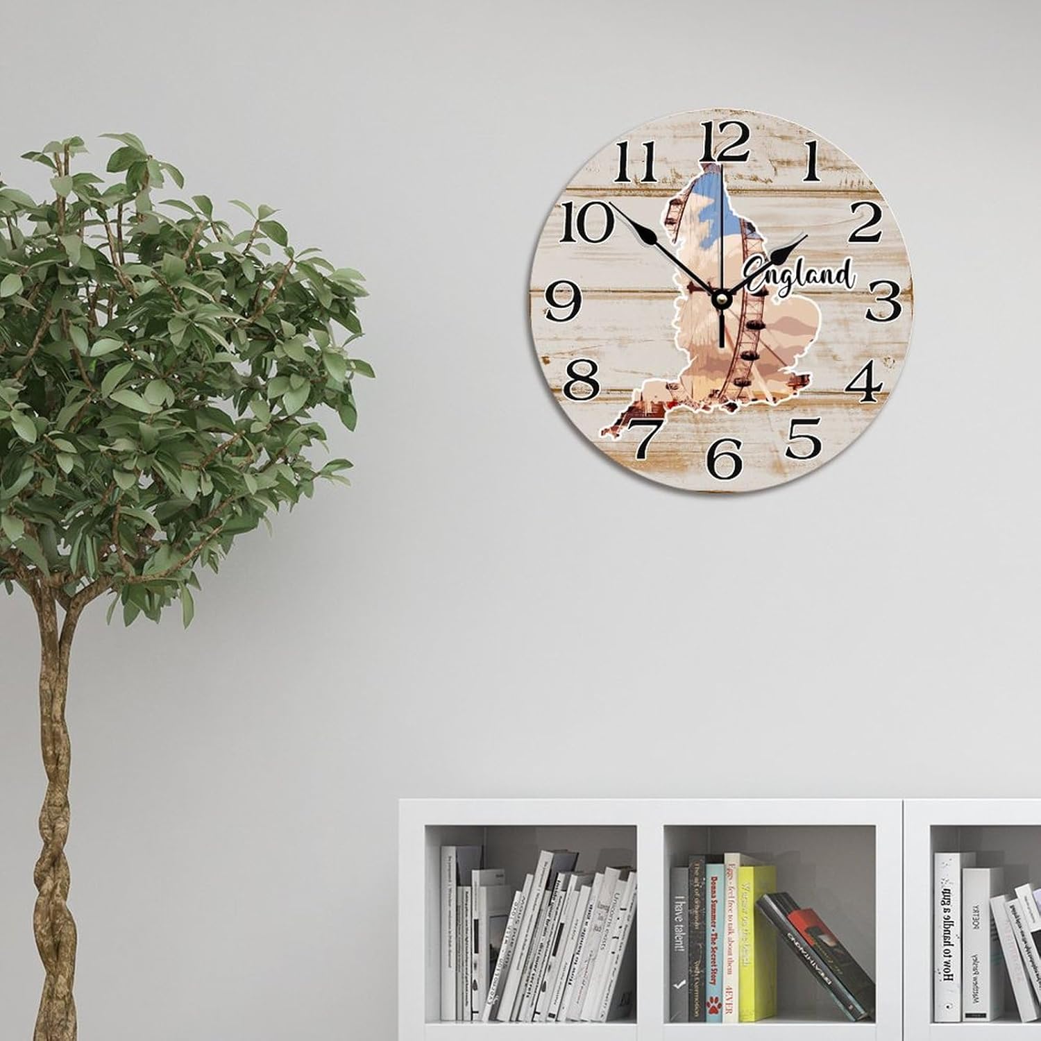 England Map Travel Wall Clock England Cityscape Tourist Attractions Large Wooden Wall Clocks Battery Operated 12 Inch Quiet Farmhouse Hanging Clock Wall Decor Gift for Foreign Friend