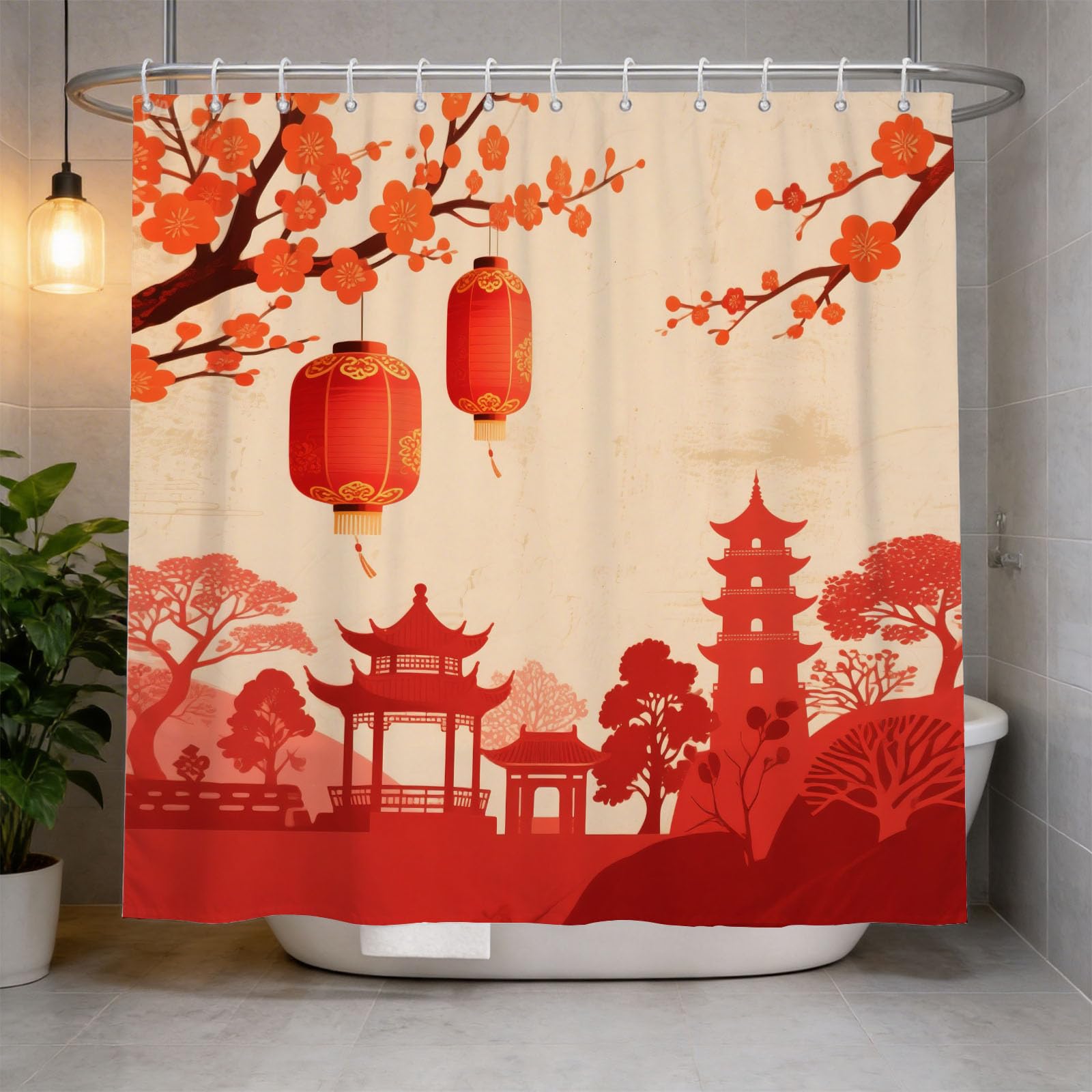 Hongduo 3D Chinese Style Illustration Shower Curtain for Stalls Bathtubs Oriental Aesthetics Bathroom Decor Shower Curtain Set Polyester Fabric Waterproof 180x180cm/71X71 Inch with Hooks