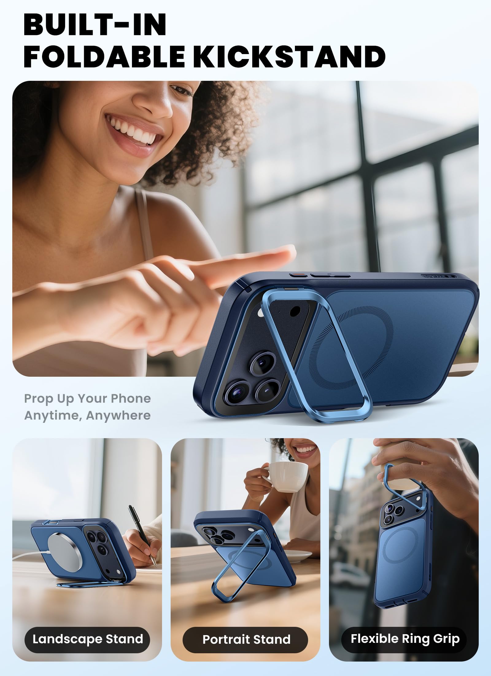 i-Blason Etui do iPhone'a 17 Pro MagSafe z podstawką [szkło hartowane 9H] [przycisk sterowania aparatem] Etui bumper, wytrzymała obudowa ochronna, magnetyczna obudowa na telefon 6,3" 2025 (Azure)