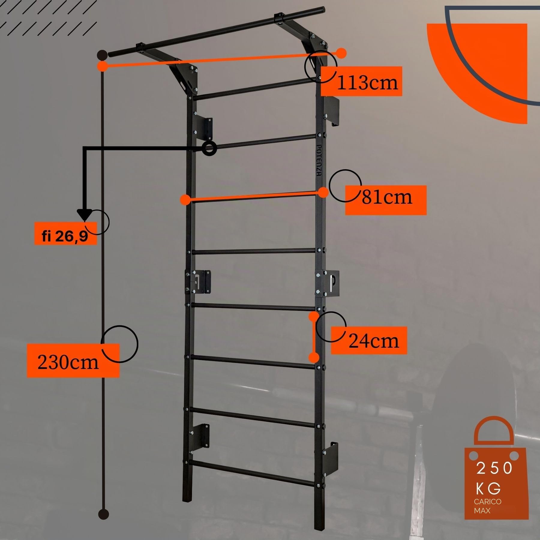 Potenza Spalliera Svedese in Acciaio con Barra per Trazioni – Scala da Ginnastica 230x81 cm per Casa e Palestra, Portata 250 kg, Home Gym Multifunzione
