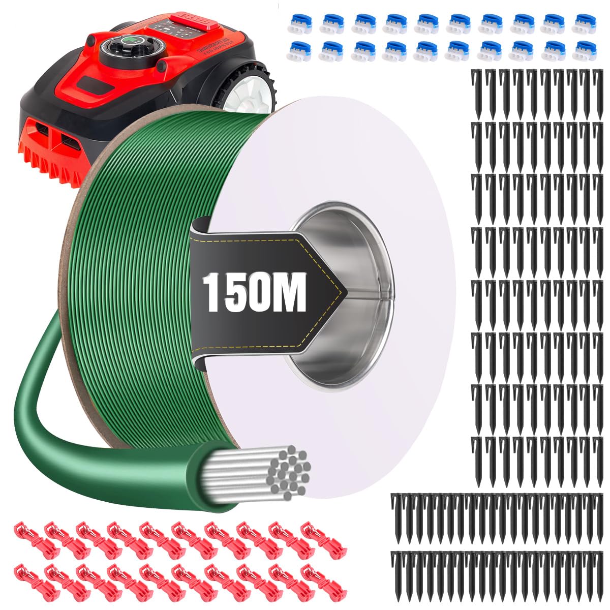 150M Cable Robot Tondeuse +120 Piquets +20 Connecteurs de Câble +20 Connecteur de Dérivation en T, Fil Robot Tondeuse Peripherique Accessoires Gazon, Compatible avec Gardena Bosch Husqvarna Worx etc