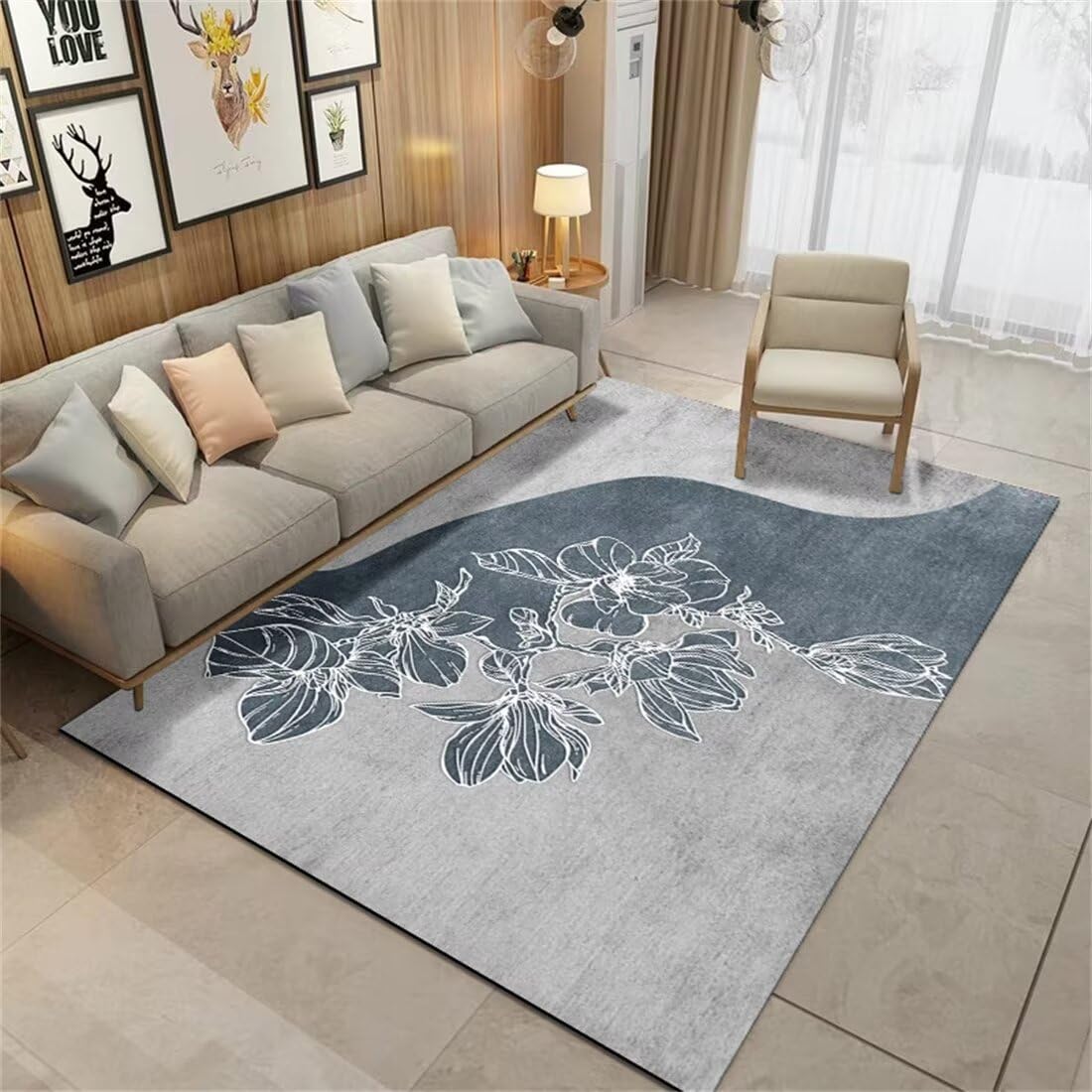 Tapis de lit bleu gris déco chambre enfant 60x120 motif floral chemin de couloir personnalisé