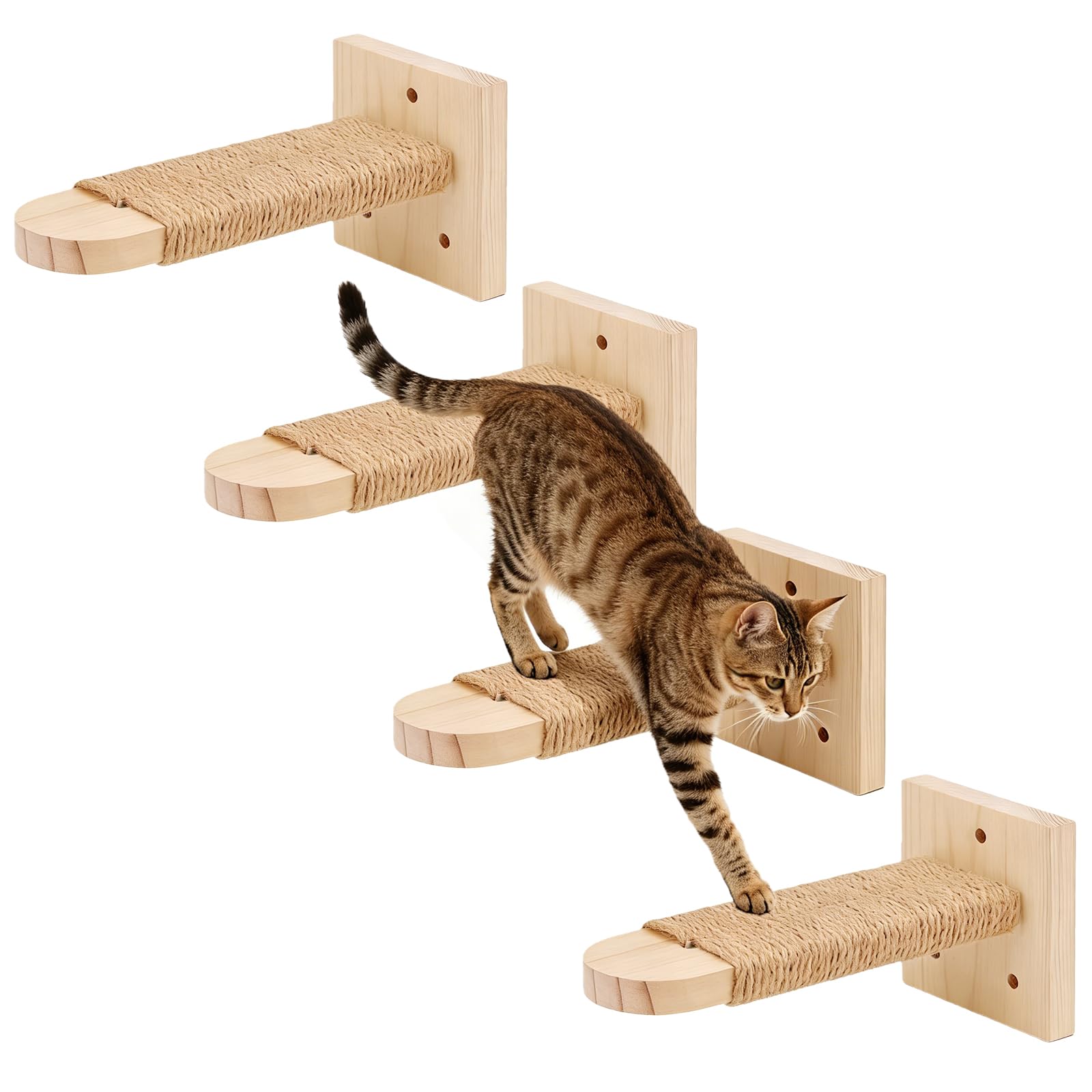 4 Stück Katzentreppe Wand, Kletterstufe 20CM, DIY Kletterwand Katzen, Katzenleiter Katzenbretter, Katzenleiter mit Juteseil, Katzentreppe Kletterwand für Katzenkletterspaß