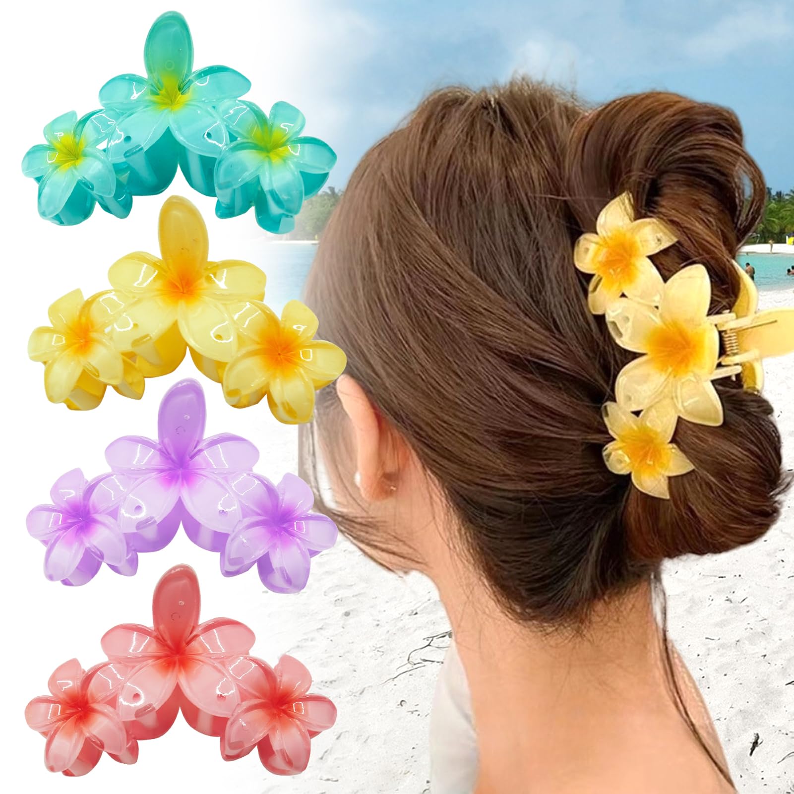 YONEEKSS 4PCS Flower Hair Claw Clips, Strong-Hold Hawaiian Plumeria Hair Clips for Women Girls Claw Clips for Thick Medium Hair - Image 2