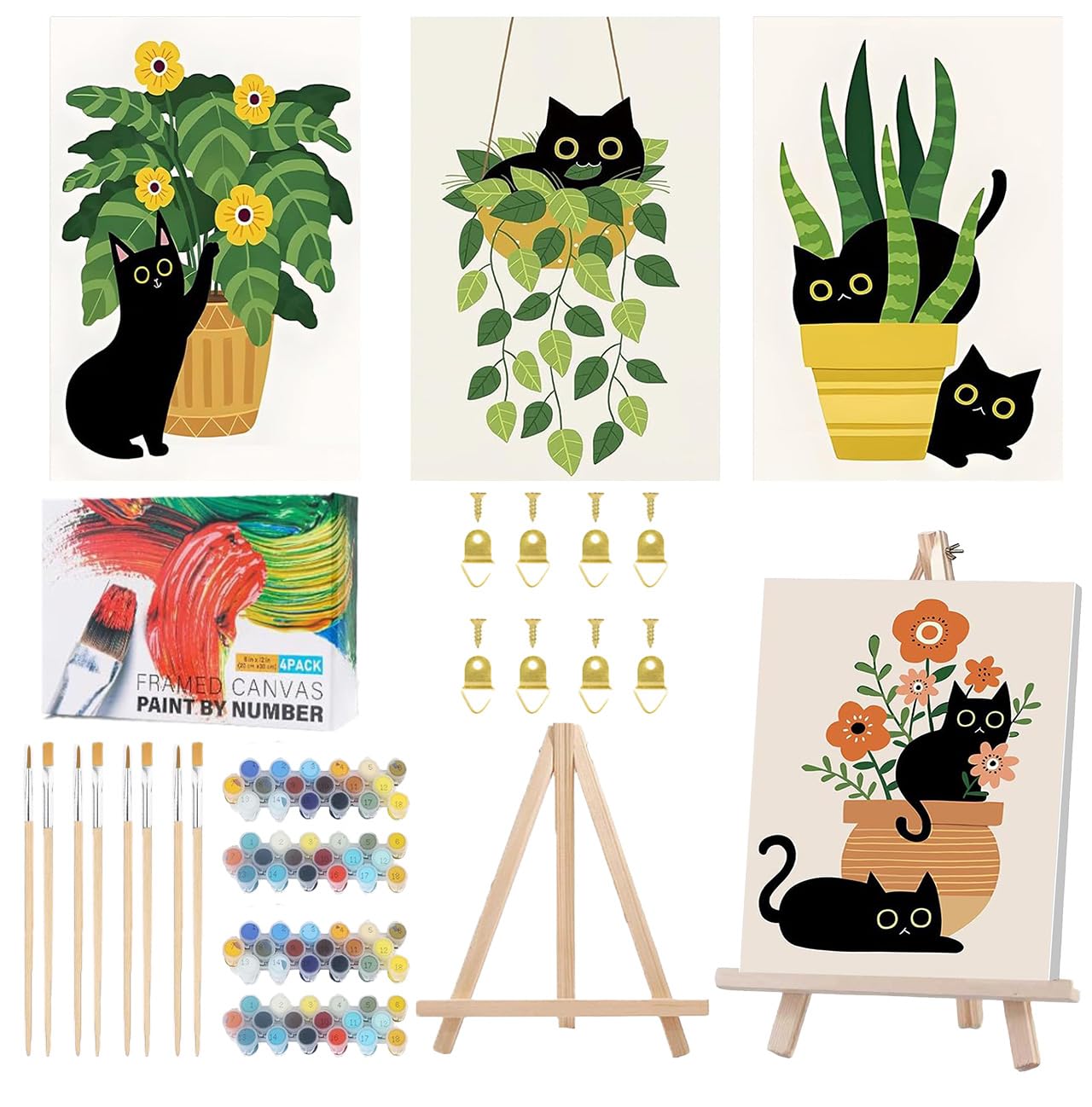 SUHEFAFA 4 Stück Malen Nach Zahlen Kinder ab 5- Katze Malen Nach Zahlen mit Rahmen Staffelei, DIY Paint by Numbers Mit 8-Pinseln und Acrylfarbe, 20X30cm