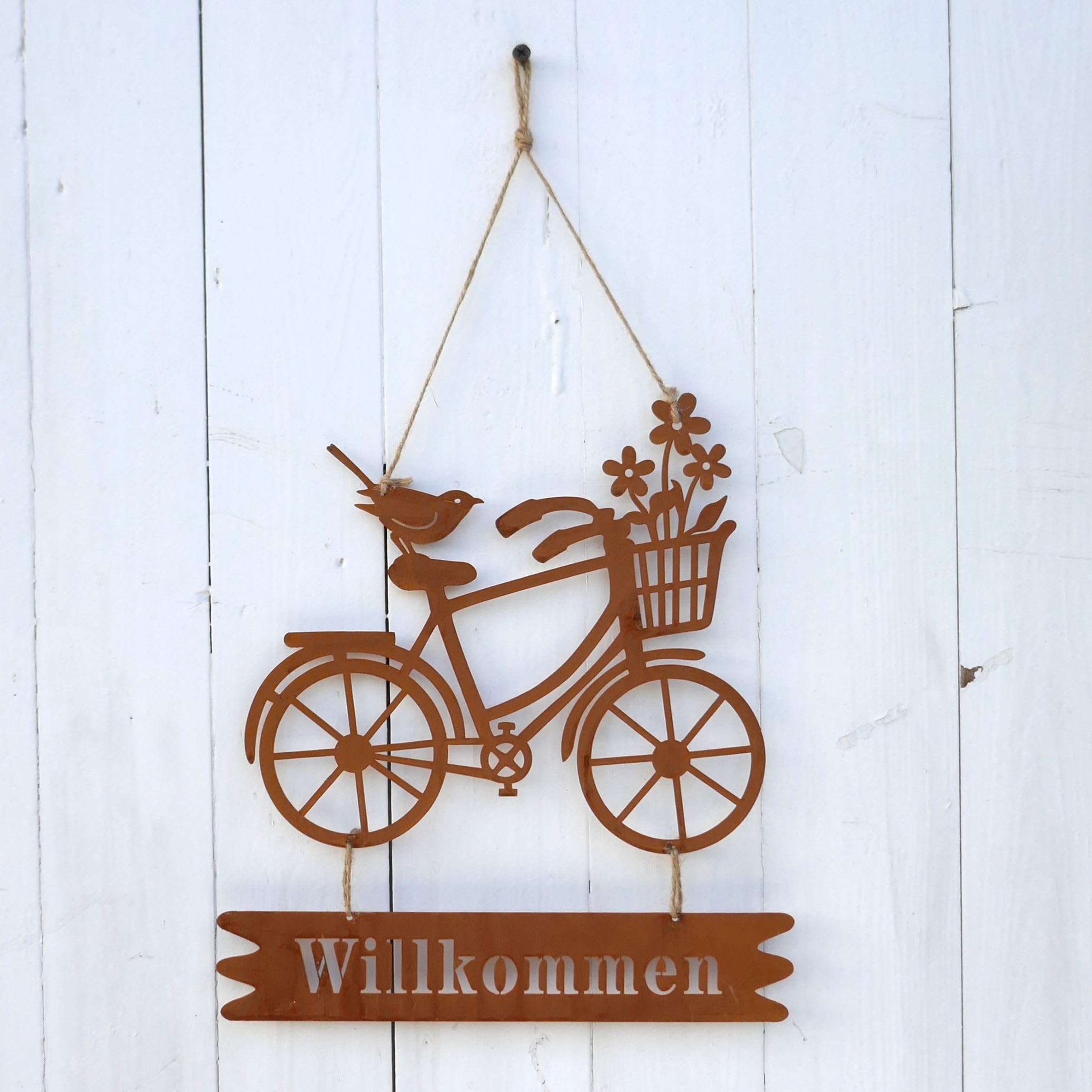 Deko Fahrrad klein zum Hängen Willkommen in Rostoptik mit Juteband Gartendeko 25cm Garten