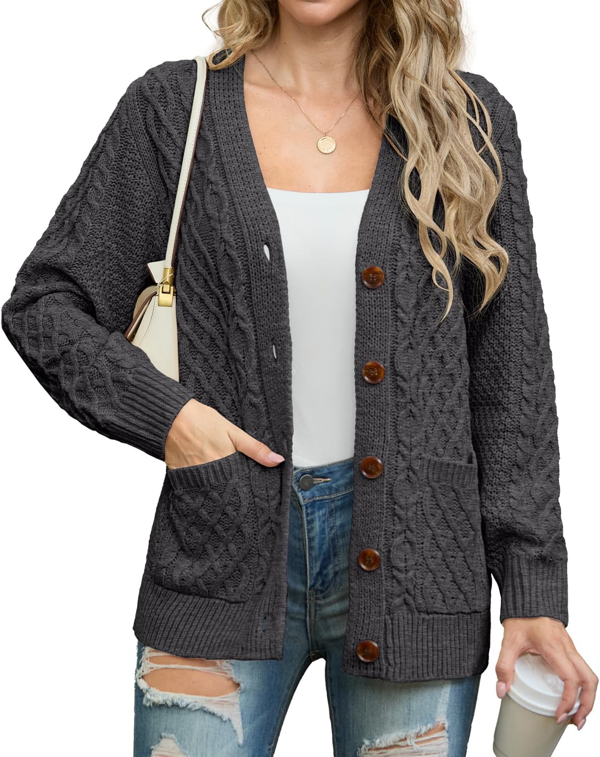 GRECERELLE Women 2025 Fall Long Sleeve Cable Knit Sweater Button Open Front Cardigan Loose Outerwear Coat with Pockets
