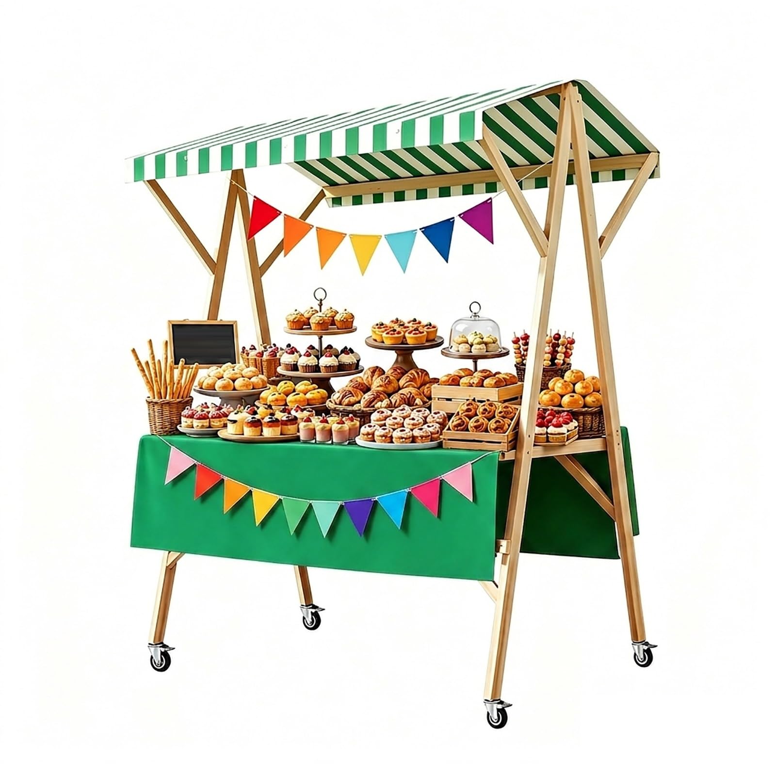 WYHBXD Wooden Market Stall Cart with Canopy, Foldable Vendor Booth on Wheels for Farmers Markets, Lemonade Stand, Parties, Blue(Green,150cm/59)