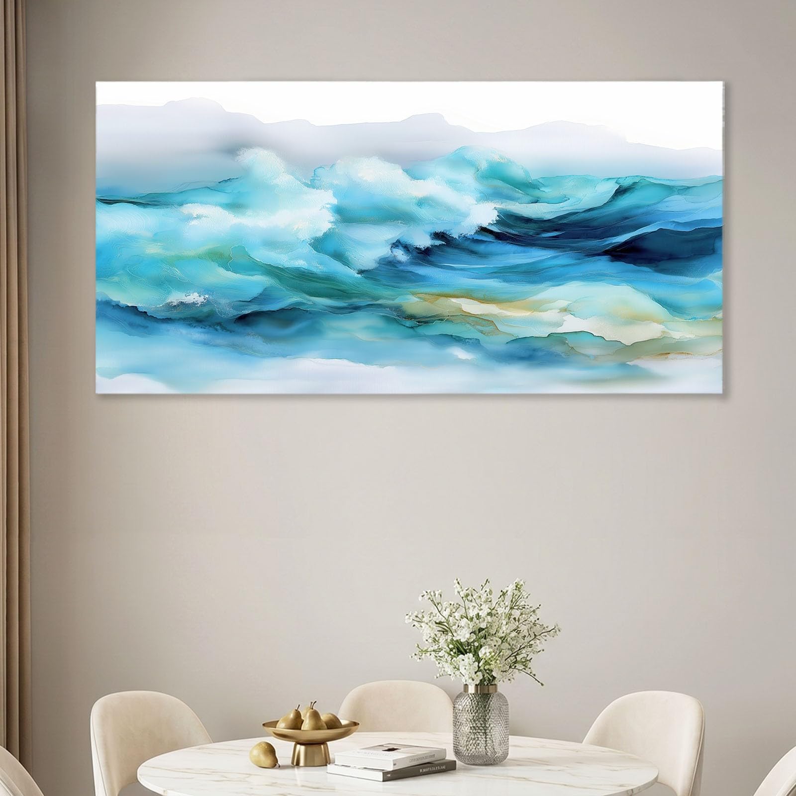 Leinwandbild 120 x 80 cm Leinwandbilder mit Abstrakt, Bild auf Leinwand - Kunstdruck auf Canvas, Bilder Wanddeko für Wohnzimmer, Schlafzimmer, Esszimmer, Berge Wellen Wolken Blau