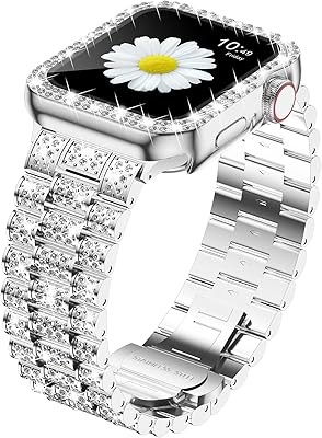 iiteeology Compatible with Apple Watch Band 44mm, Women Rhinestone Stainless Steel Band with Bling Diamond Case for iWatch Series 6/5/4, Silver