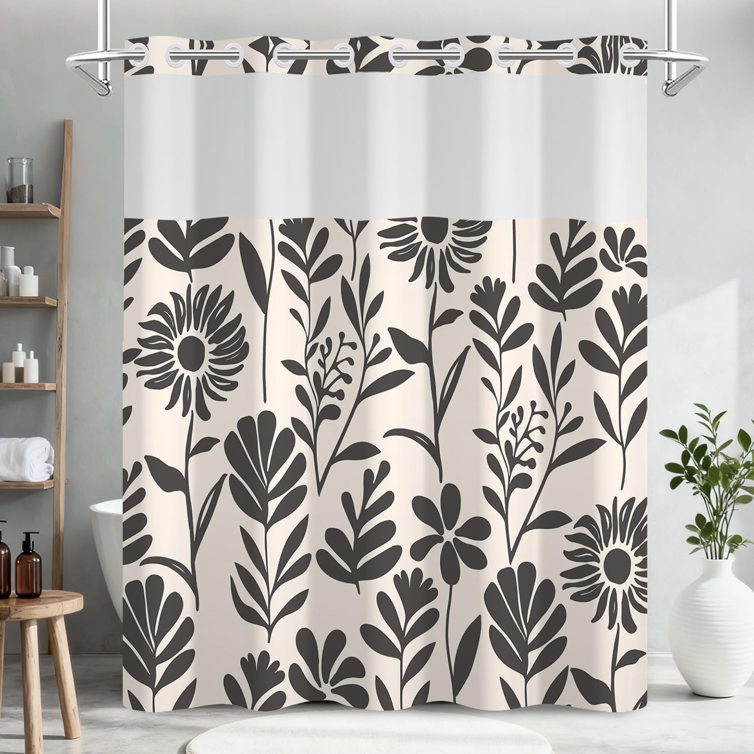 Black Vintage Matisse Floral Shower Curtain and Liner Set, Waterproof Double Layers Fabric No Hook Shower Curtain with Mesh Top Window, Modern Abstract Rustic Botanical Bathroom Curtains, 71x74 Inch