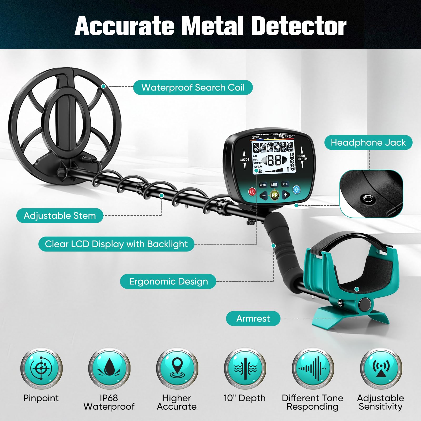 Detecteur de Metaux Professionnel, Détecteur de Métaux pour Adultes, 5 Modes Dont Pinpoint et Mémoire, Haute Précision, Bobine Étanche, Hauteur RéGlable, éQuipement Complet